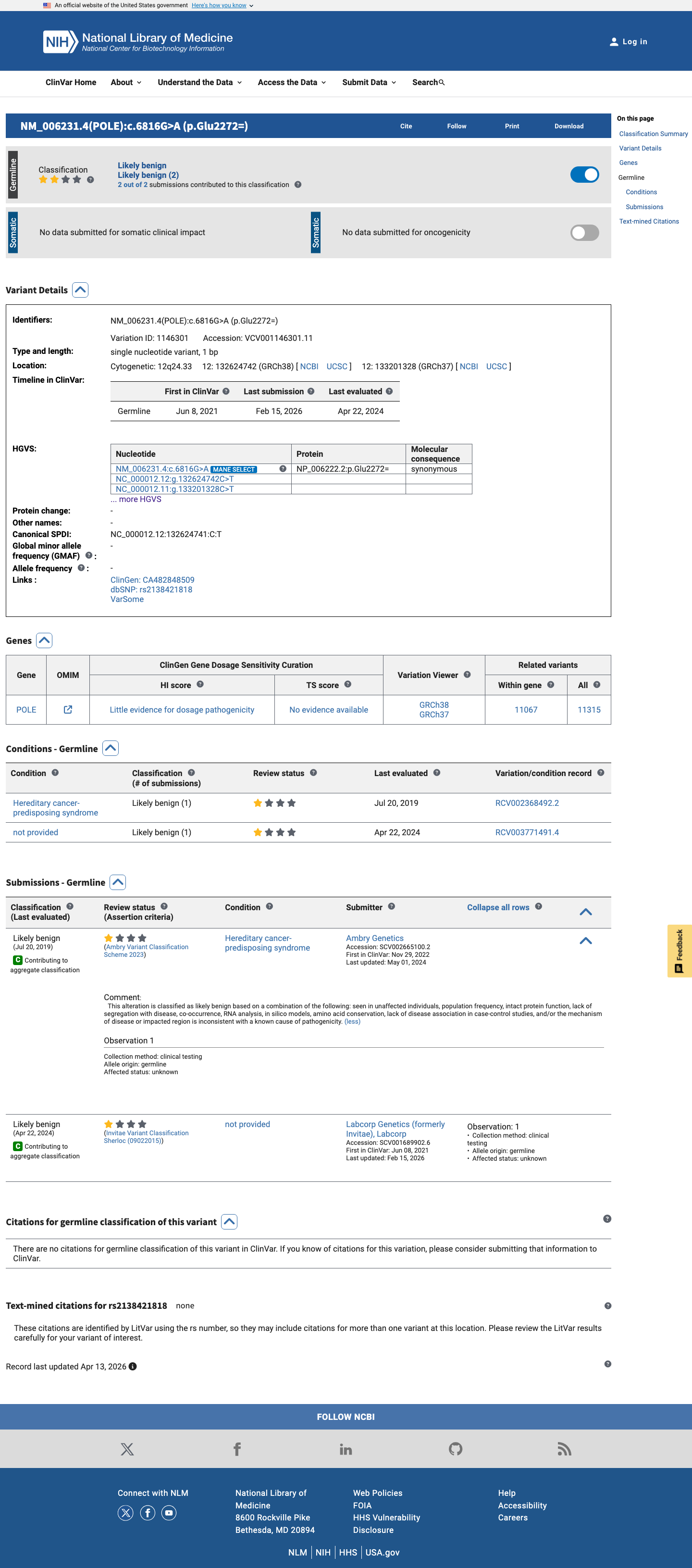 ClinVar screenshot