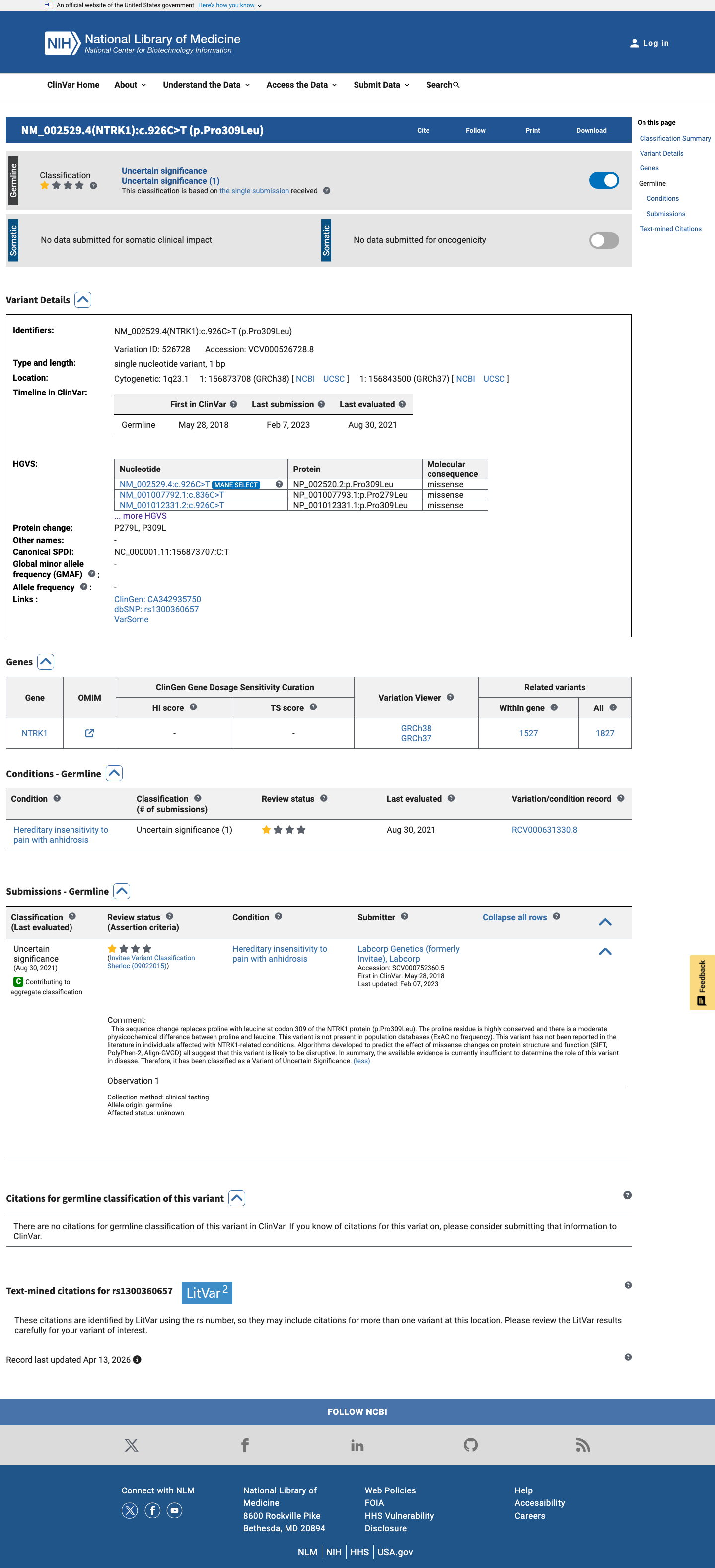 ClinVar screenshot