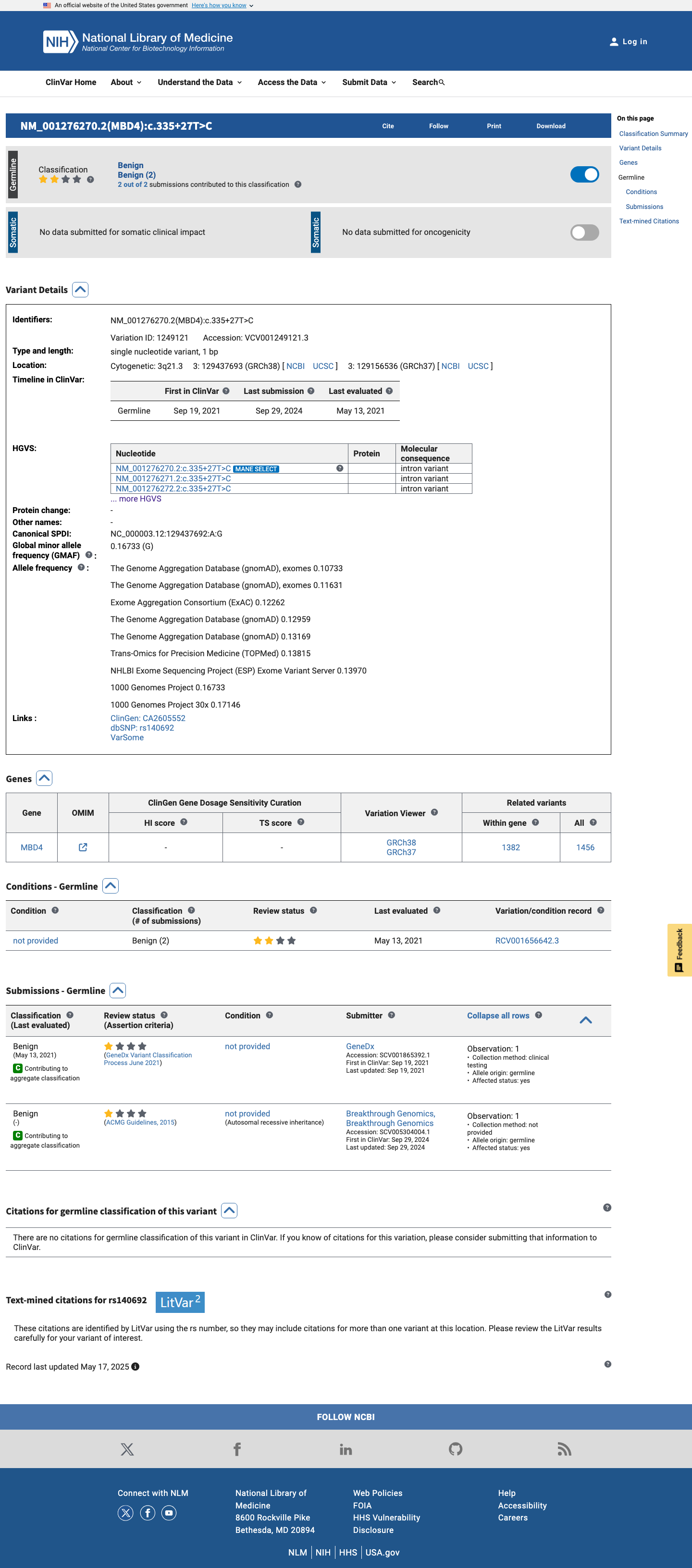 ClinVar screenshot