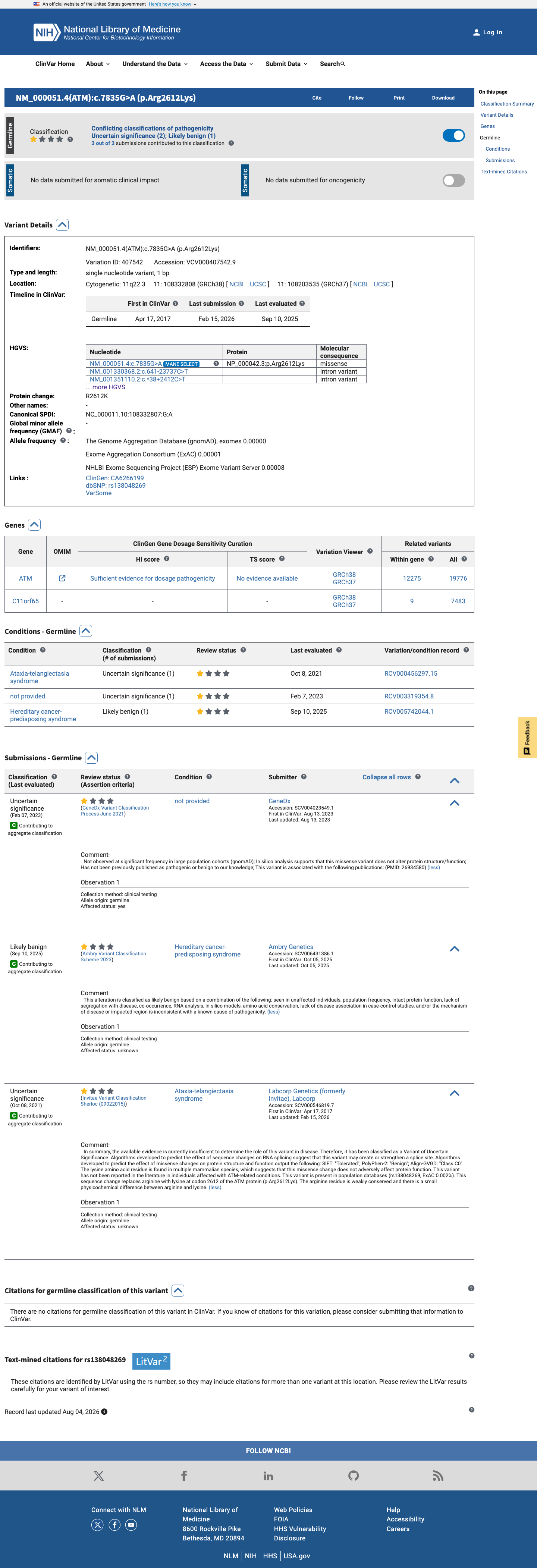 ClinVar screenshot