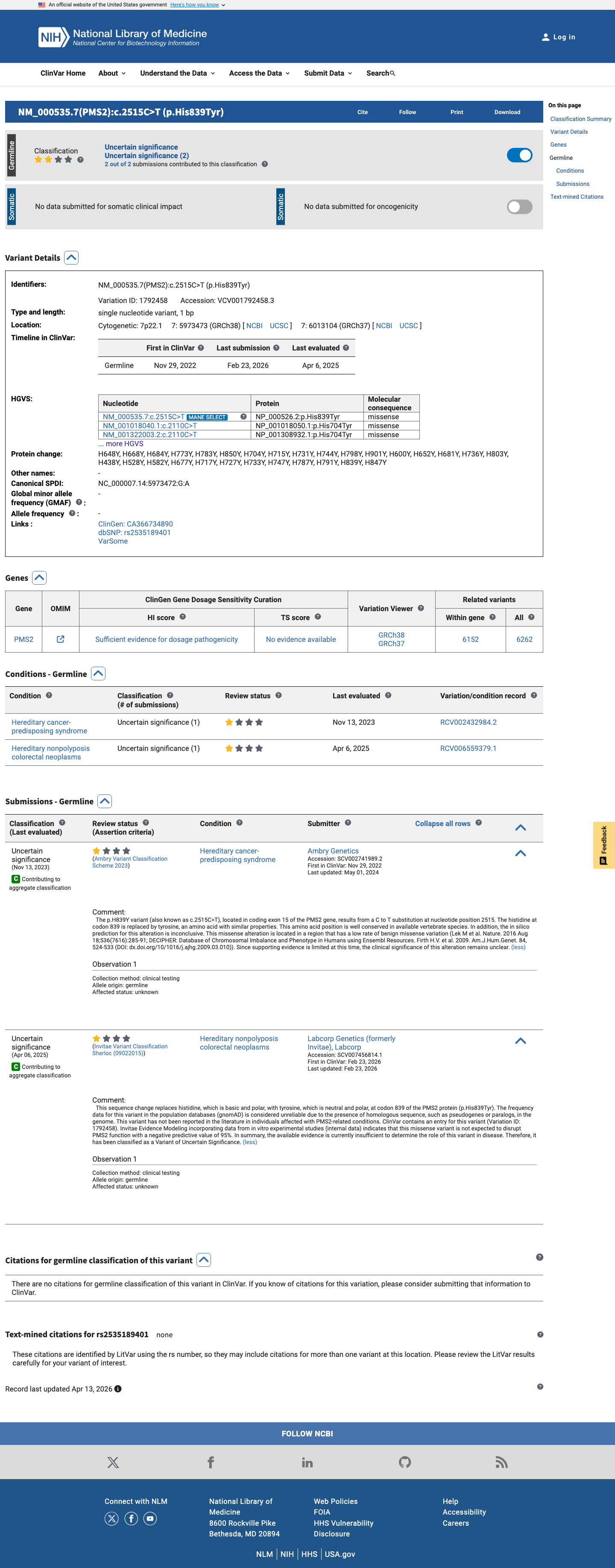 ClinVar screenshot