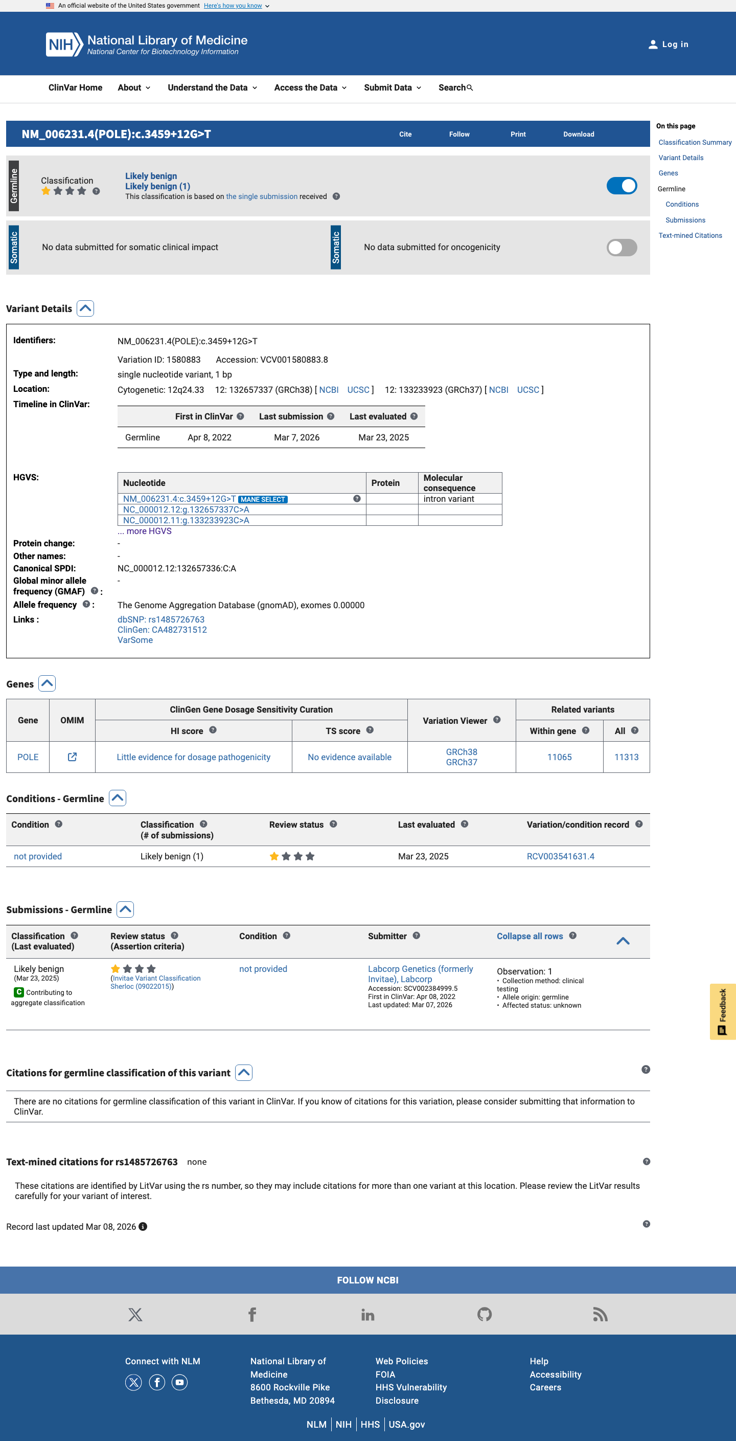 ClinVar screenshot
