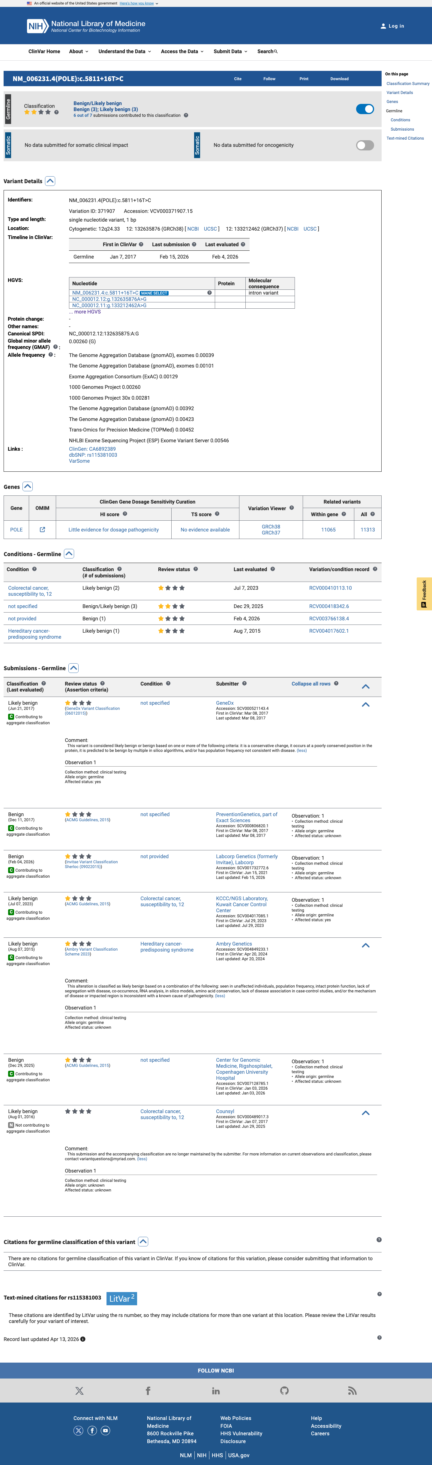 ClinVar screenshot