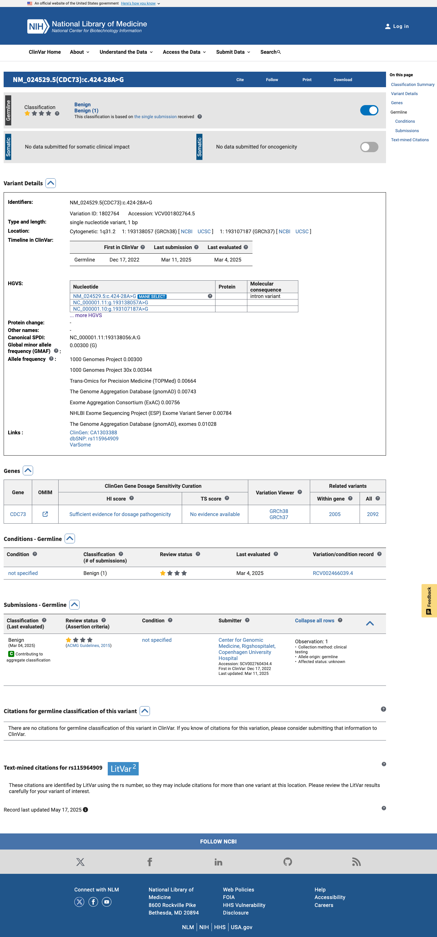 ClinVar screenshot