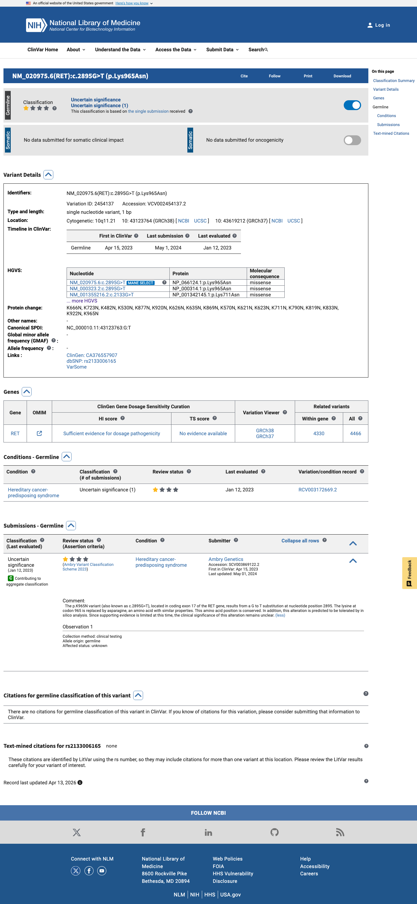 ClinVar screenshot