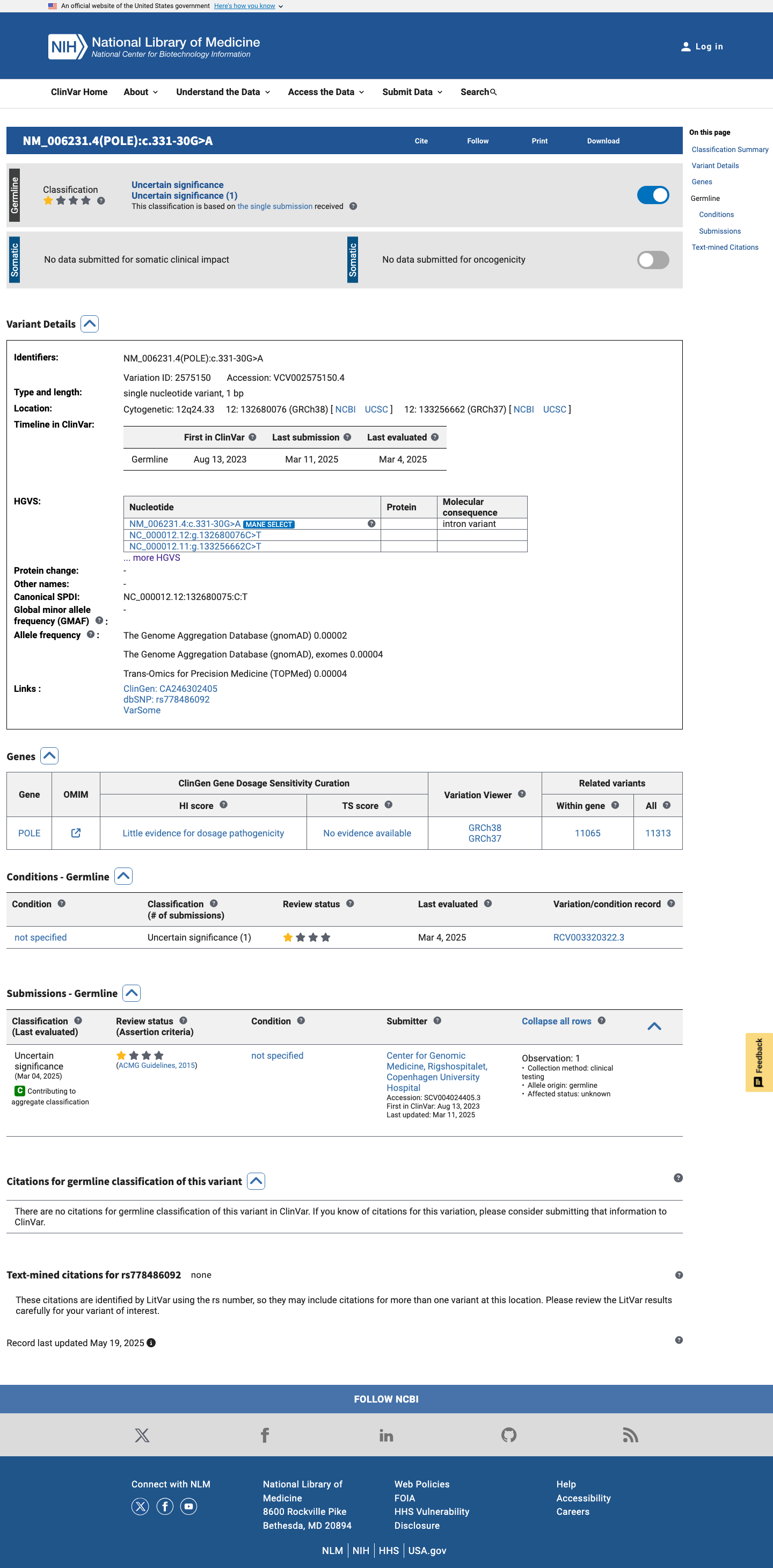 ClinVar screenshot