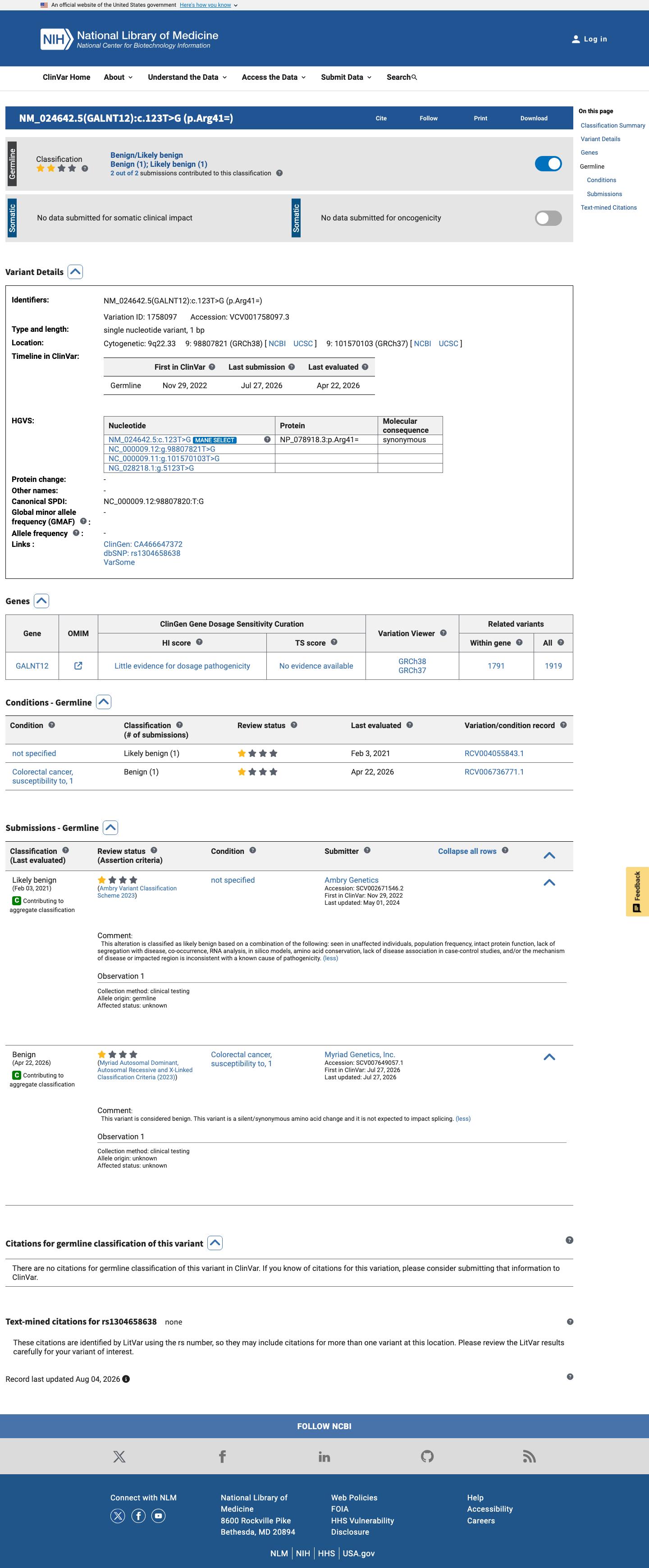 ClinVar screenshot