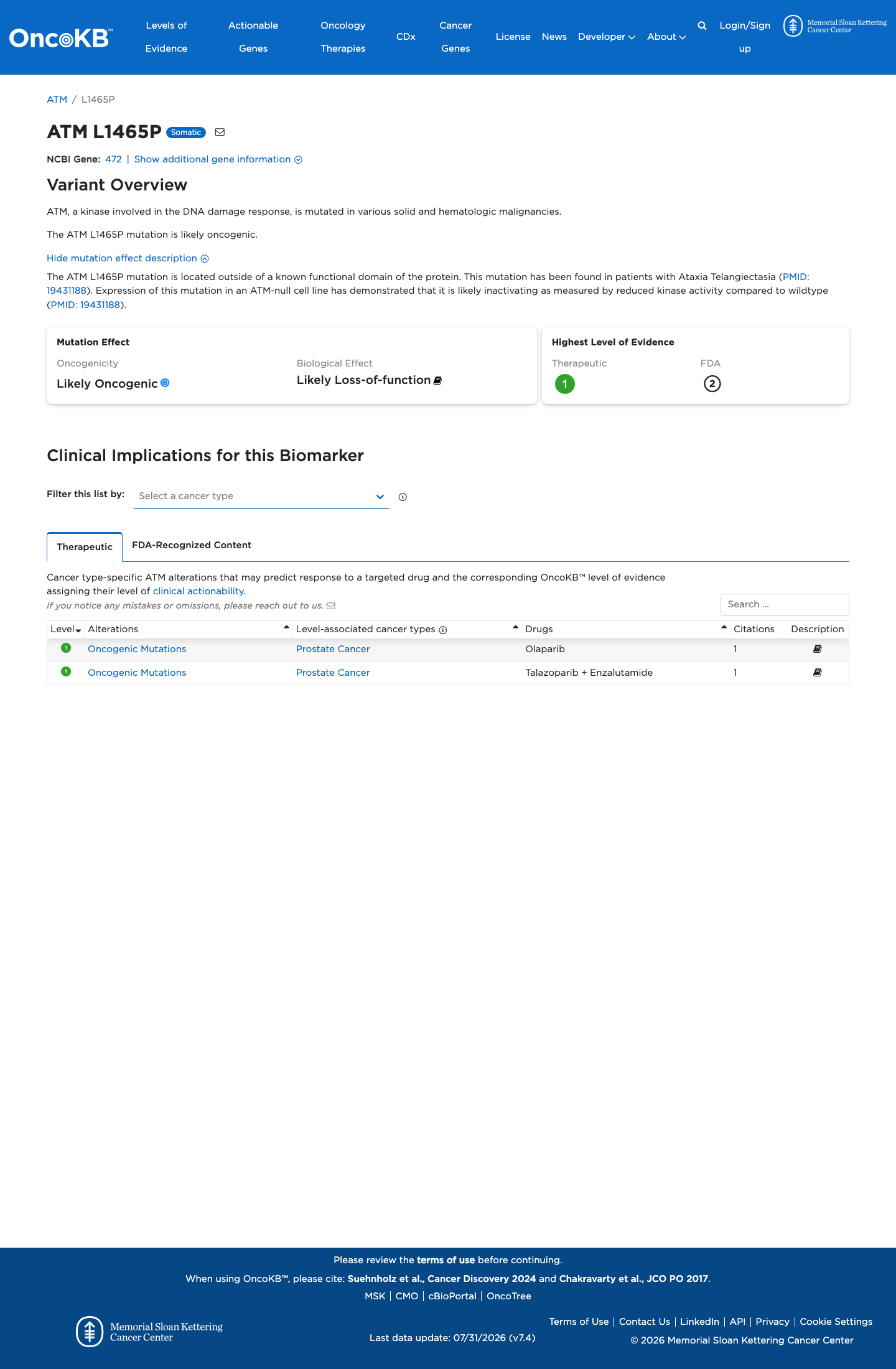 Functional / OncoKB screenshot