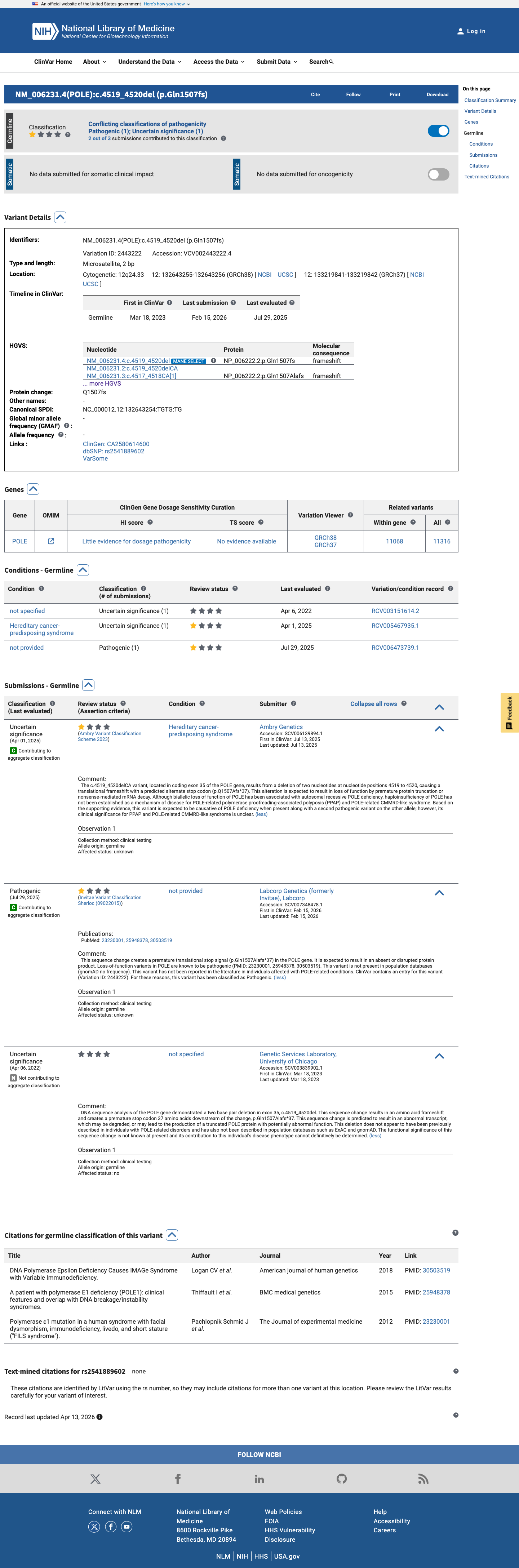 ClinVar screenshot
