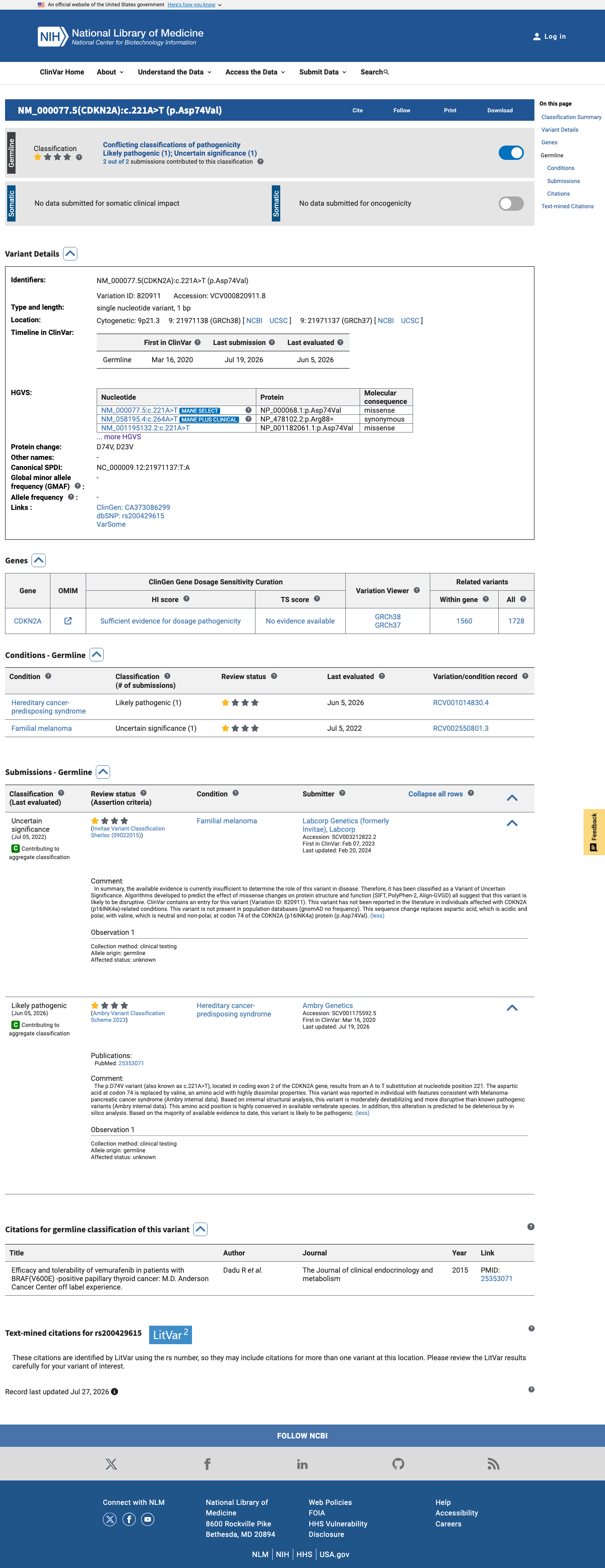 ClinVar screenshot