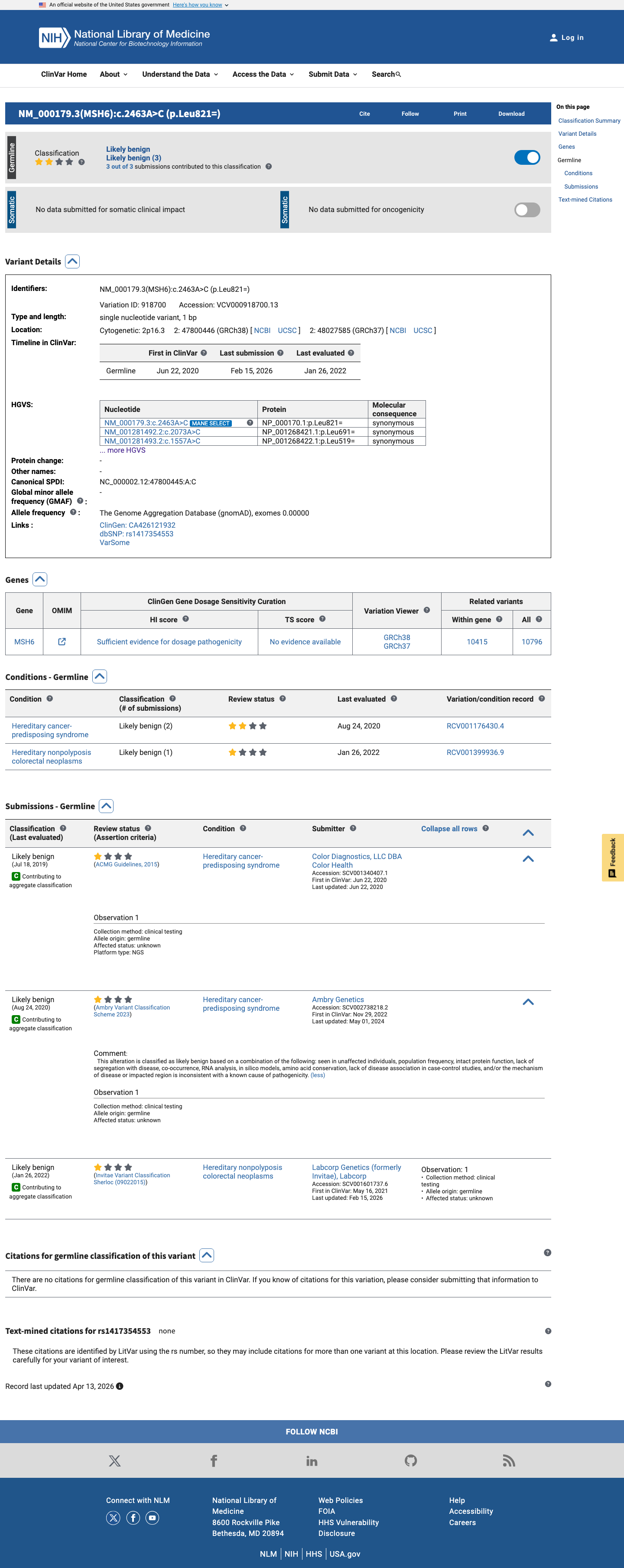 ClinVar screenshot