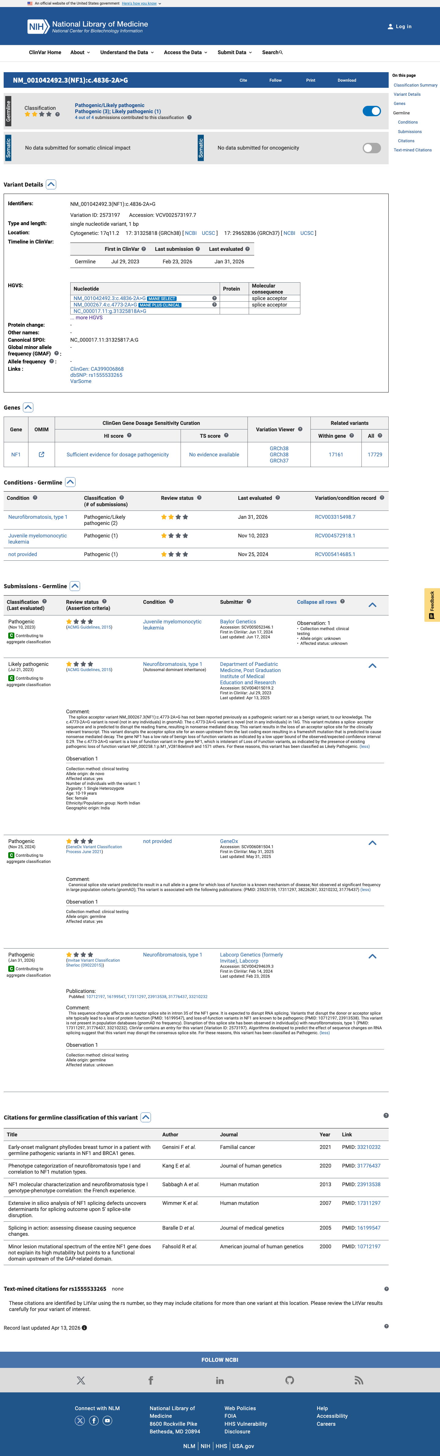 ClinVar screenshot