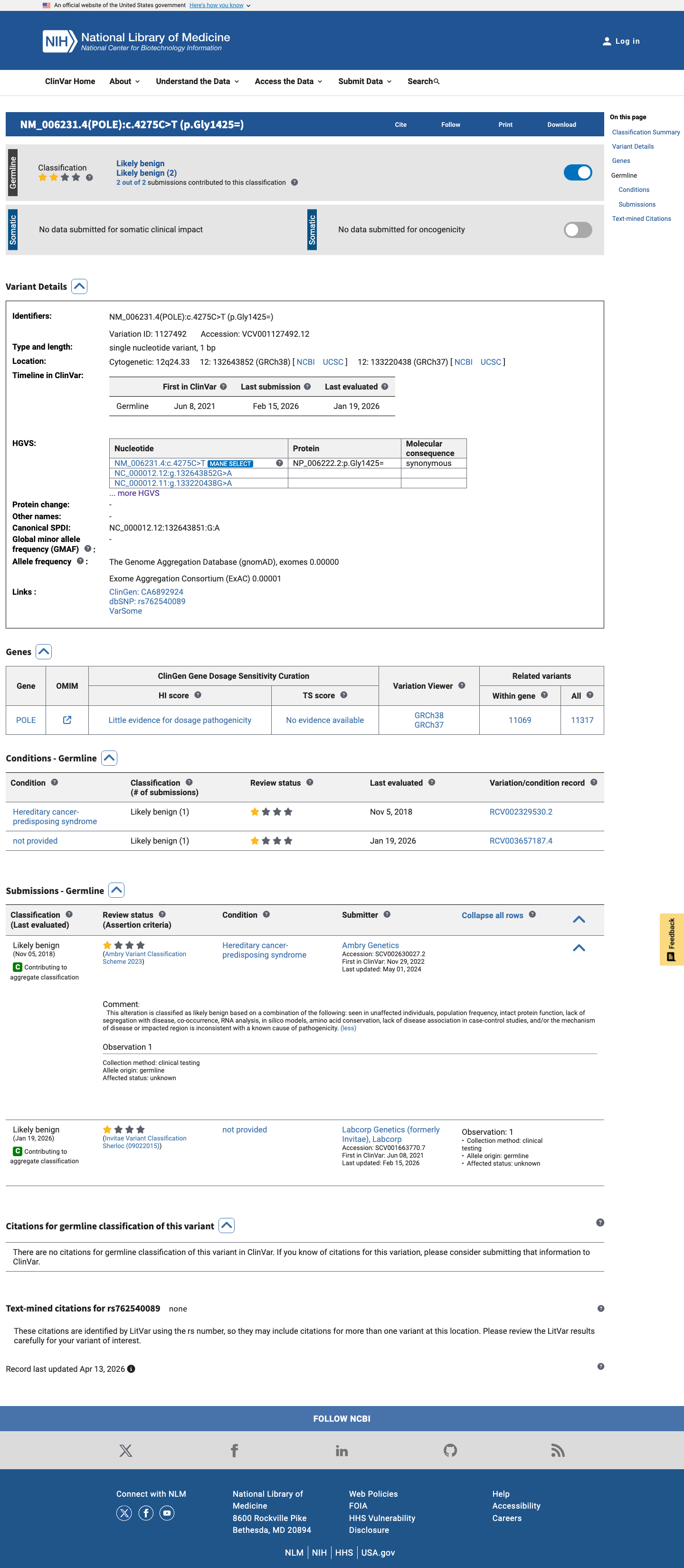 ClinVar screenshot