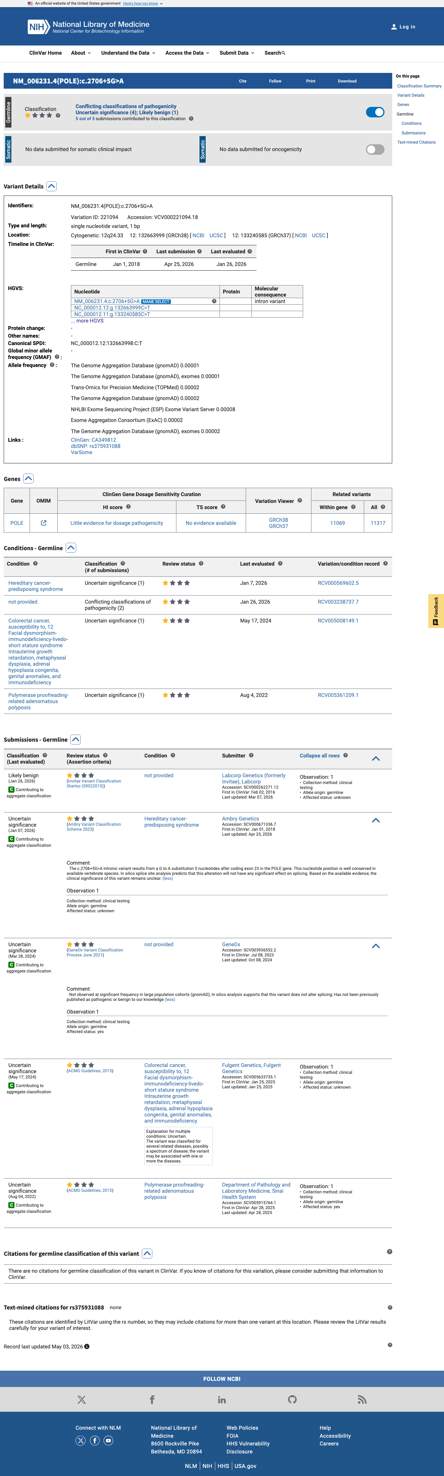 ClinVar screenshot