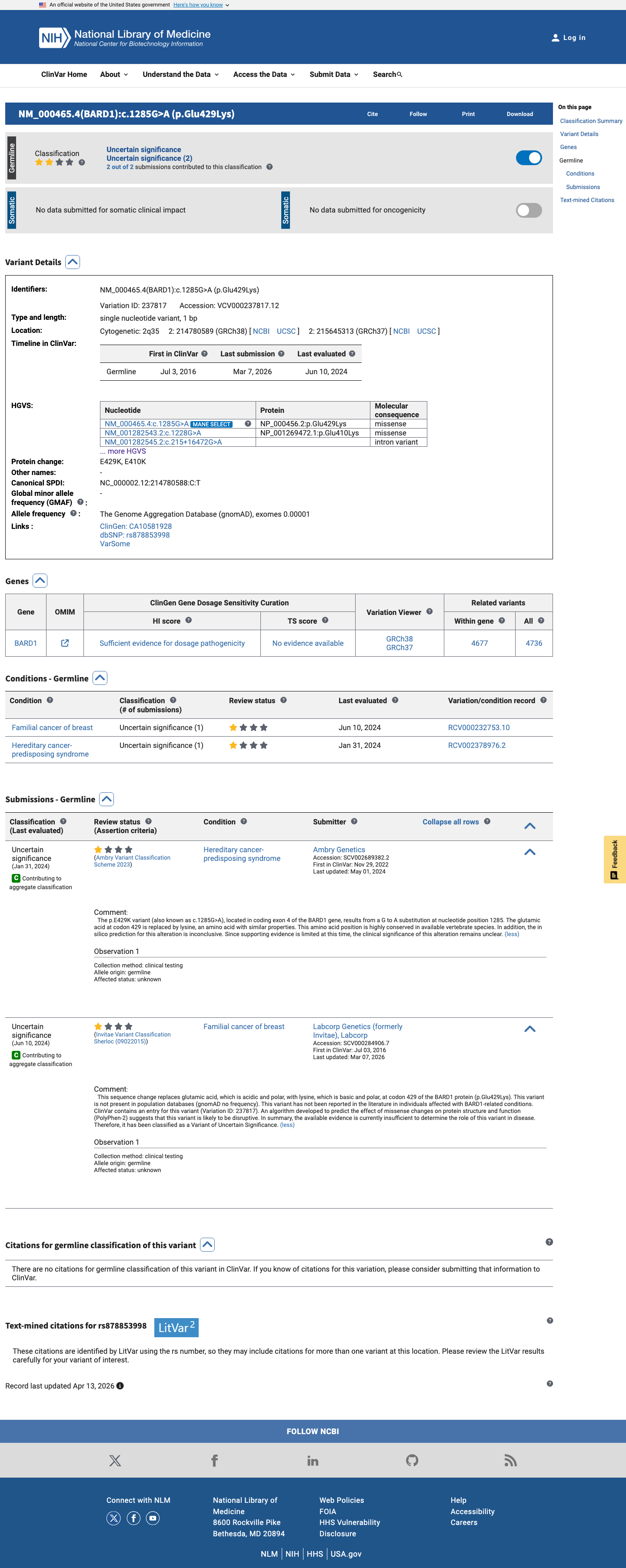 ClinVar screenshot