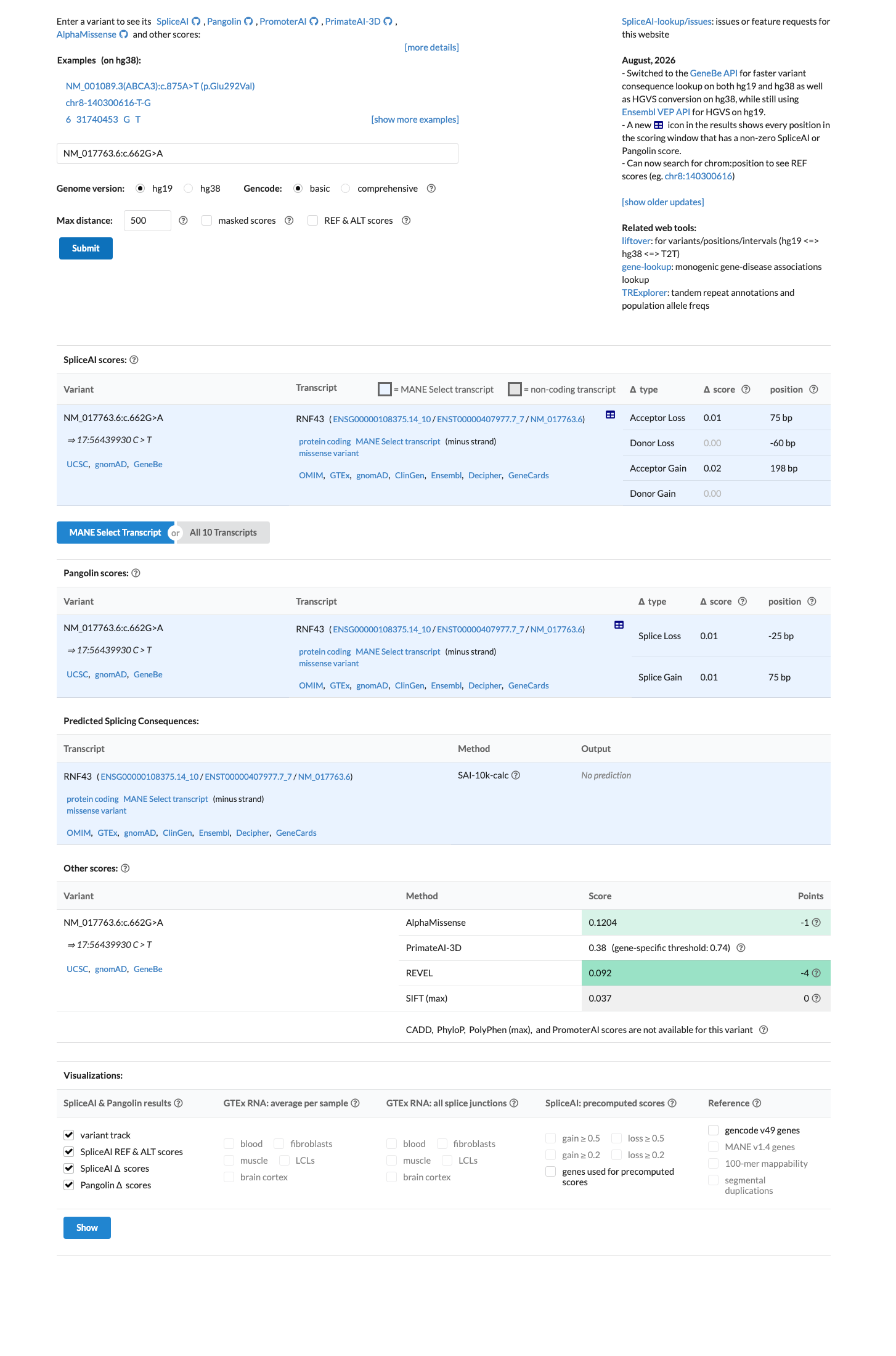 SpliceAI screenshot