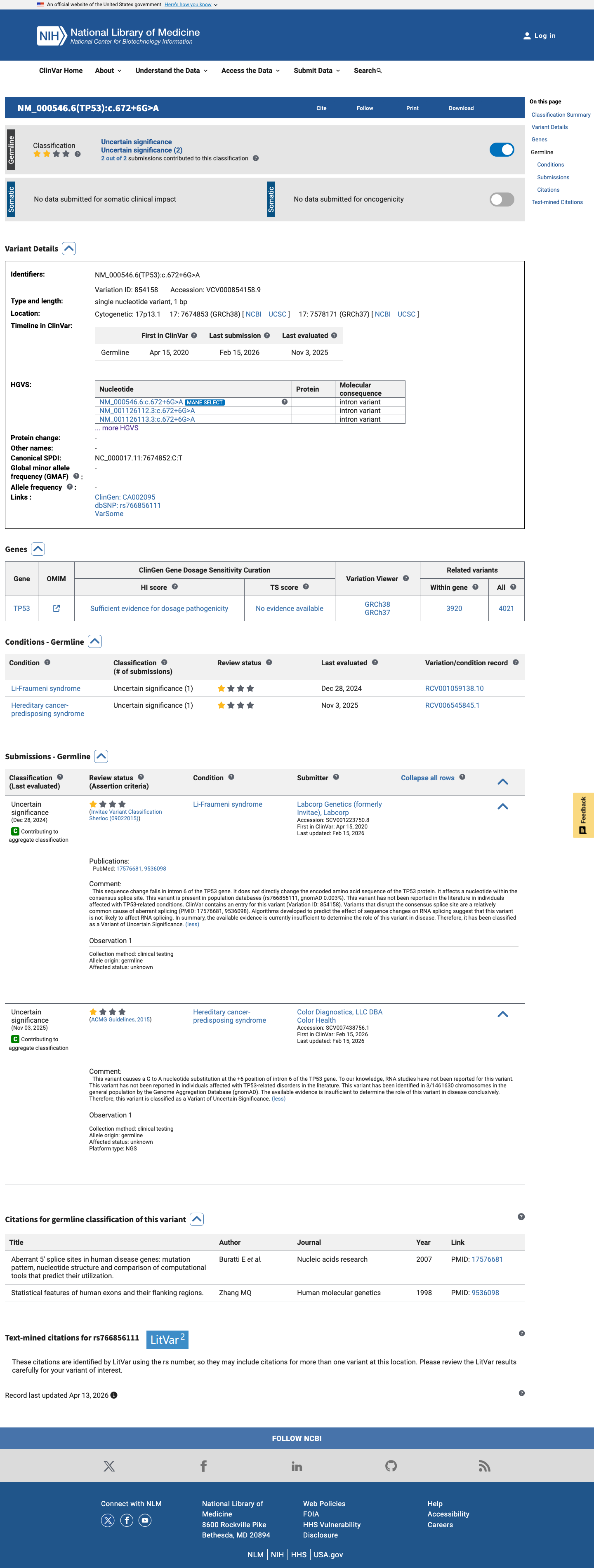 ClinVar screenshot