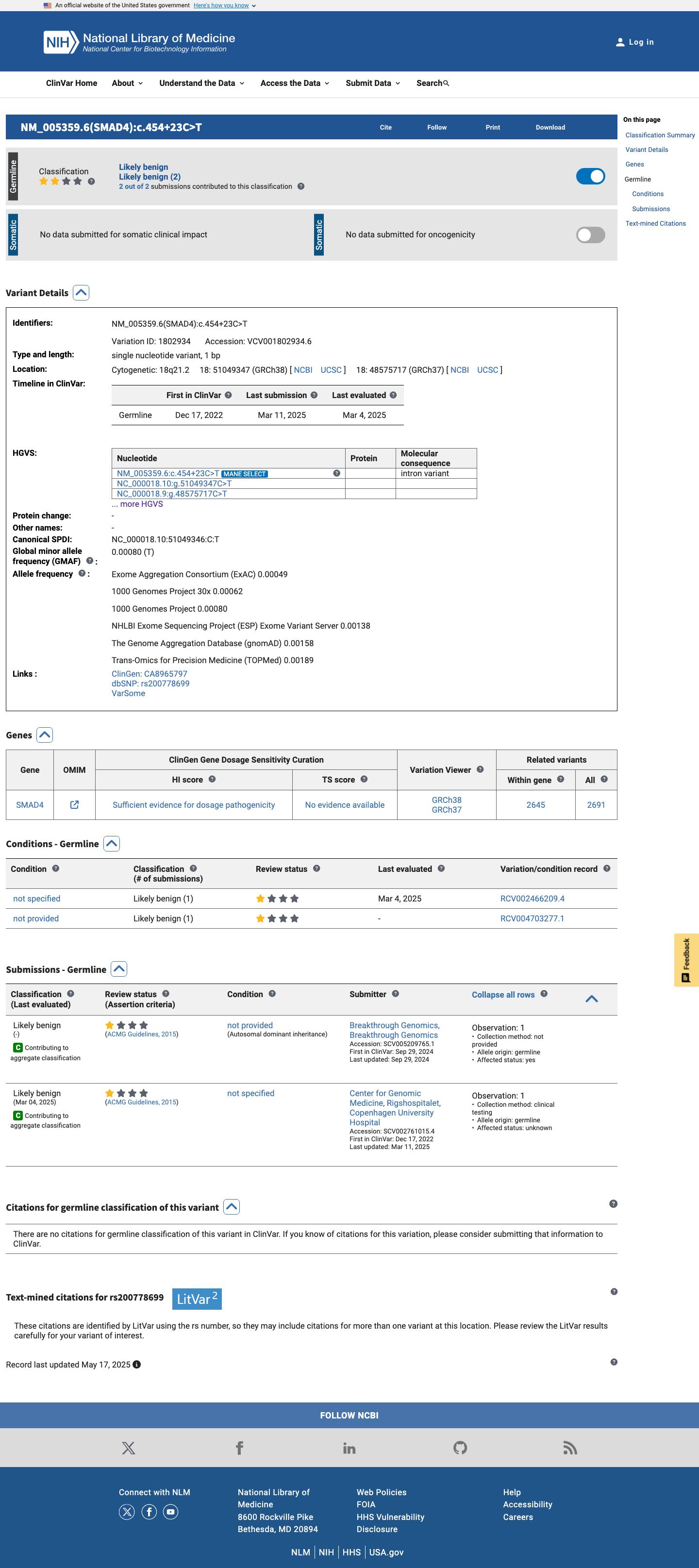 ClinVar screenshot