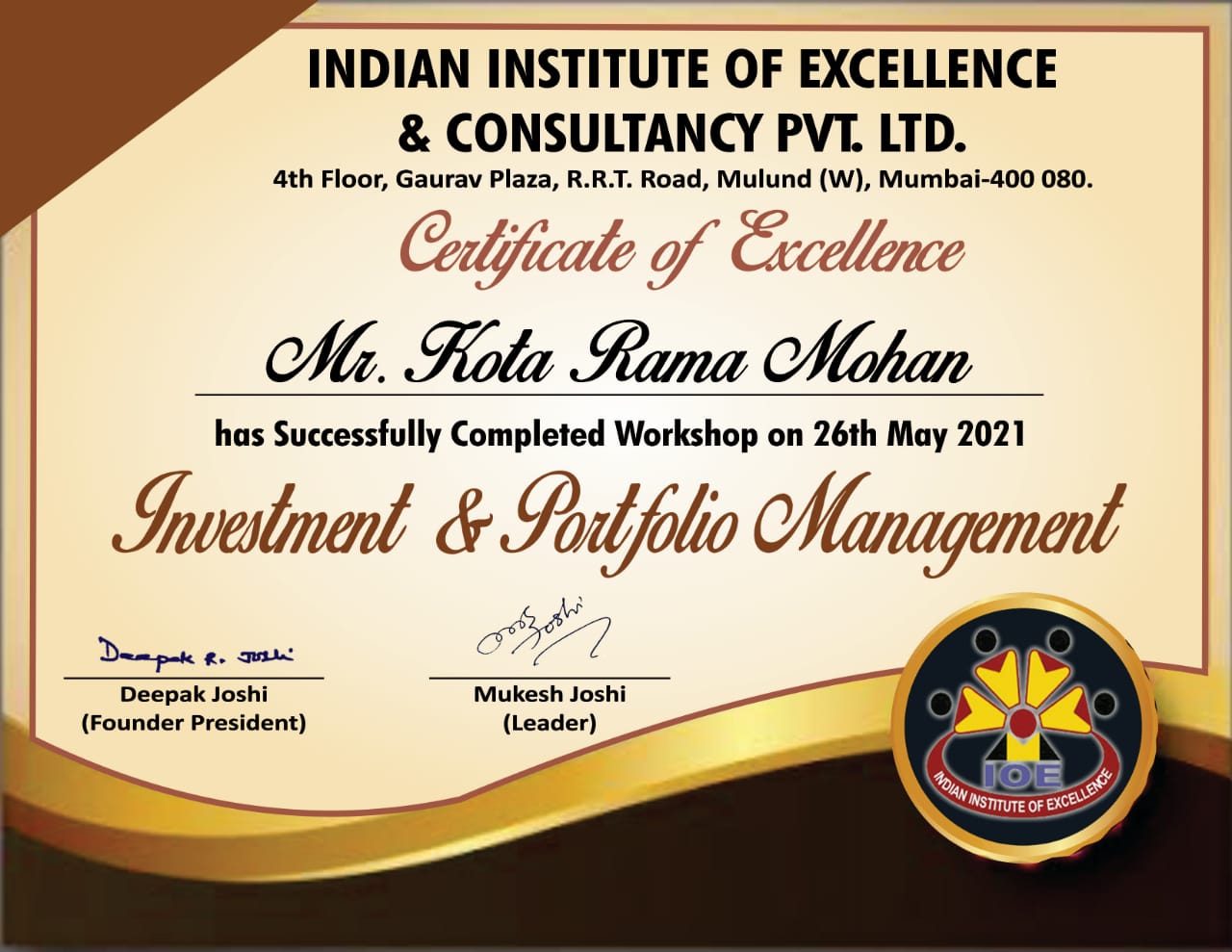 Investment and Portfolio Management - Certificate of Excellence