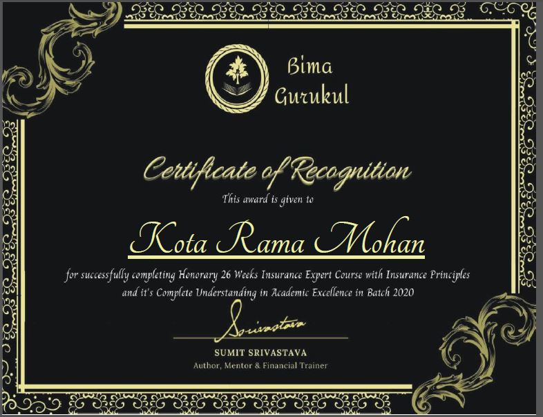 Bima Gurukul Certificate of Recognition