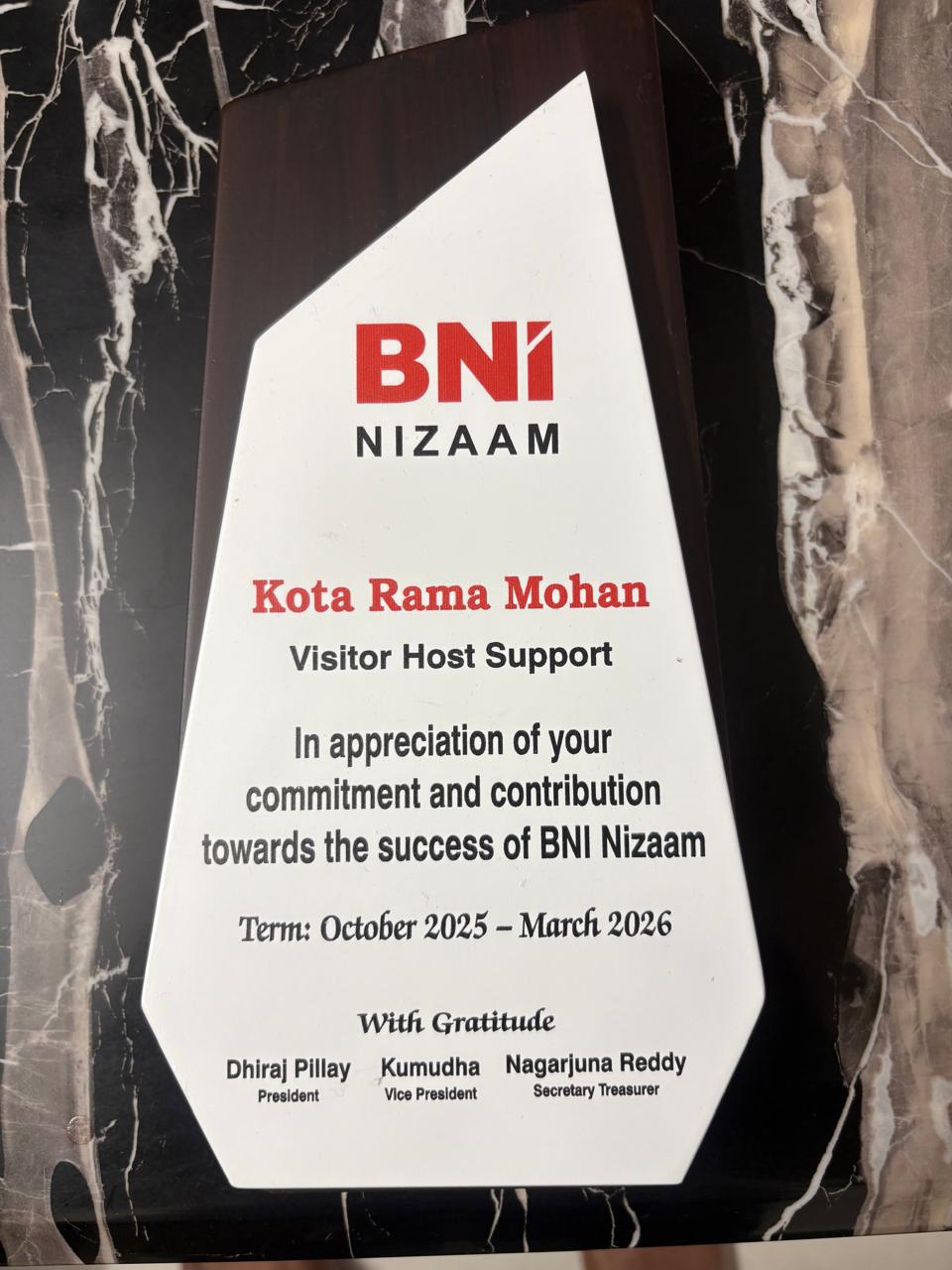 BNI Nizam - Certificate of Recognition - LVH - Oct 2025 To Mar 2026