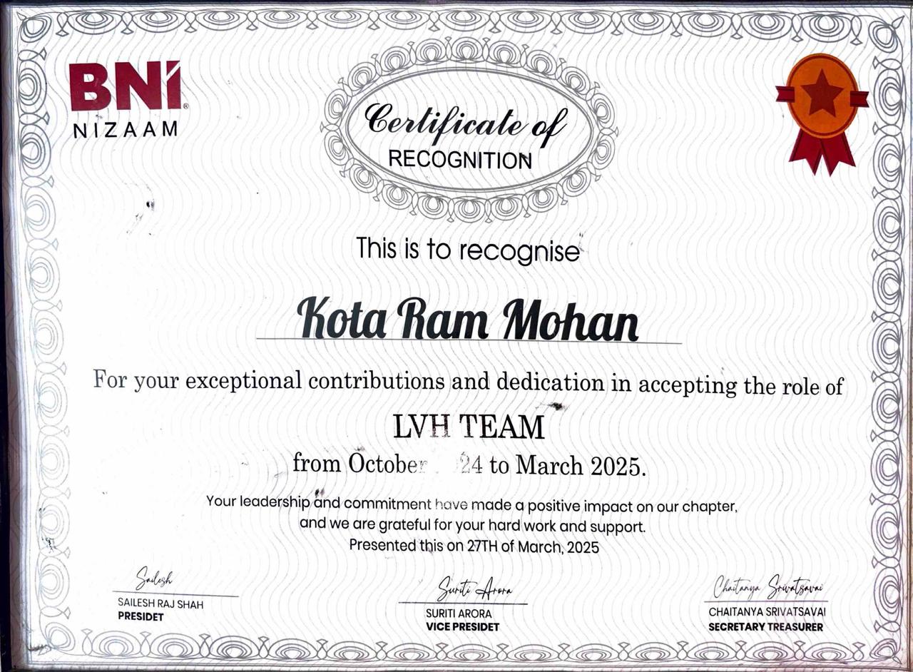 BNI Nizam - Certificate of Recognition - LVH - Oct 2024 To Mar 2025