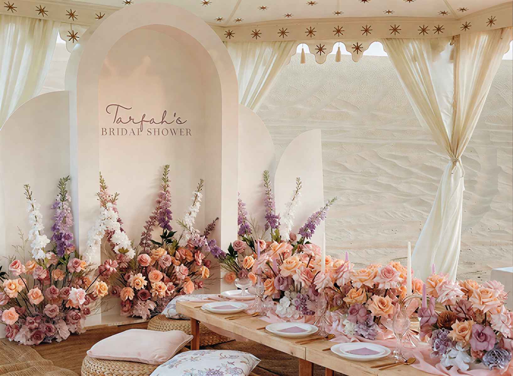 Luxury bridal shower event decor in Dubai with pastel floral styling by Aura Events