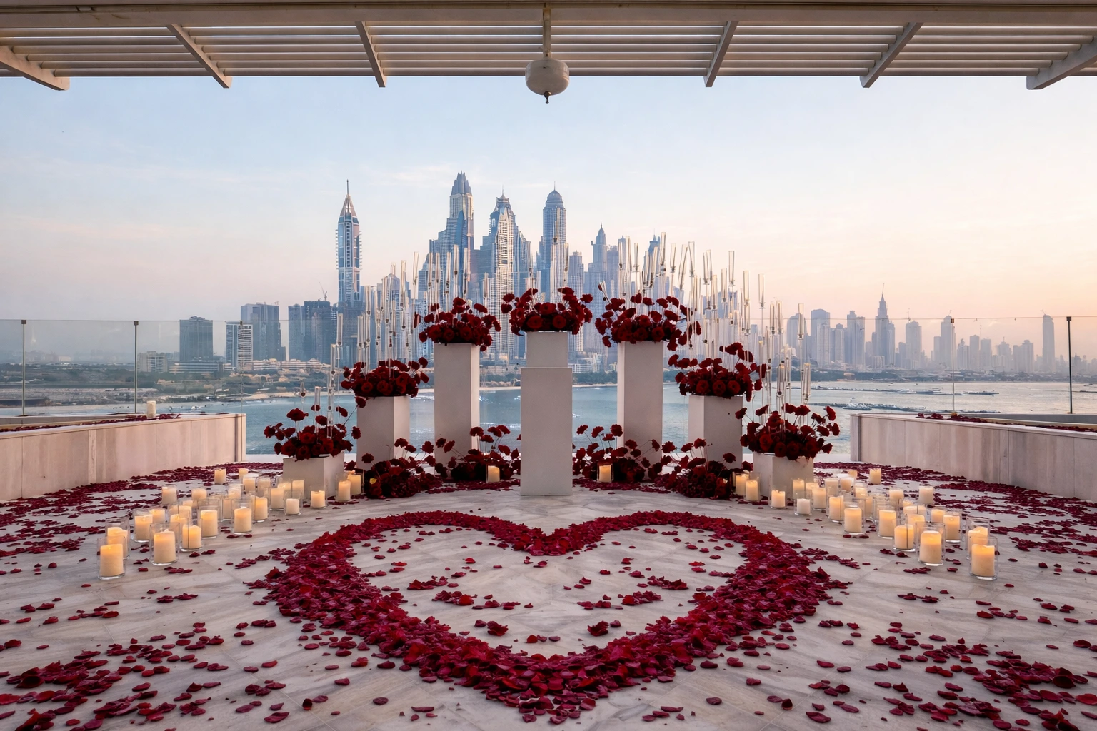 Luxury event planning in Dubai featuring a romantic rooftop setup with skyline view, floral décor and candle styling