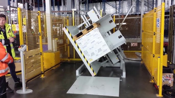 A pallet inverter seamlessly integrating into a pharmaceutical production line