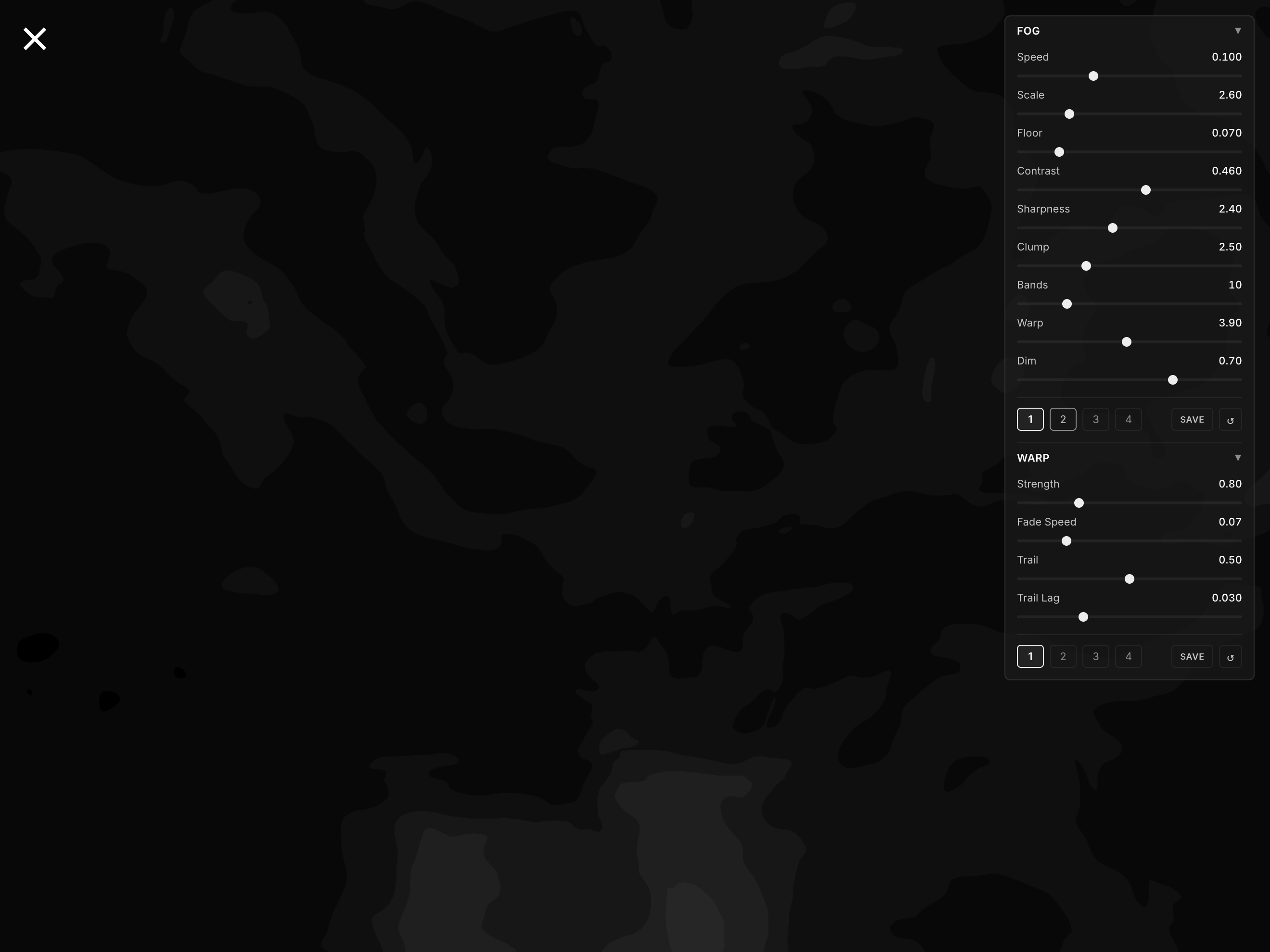 The custom slider panel, with the fog and warp sliders and the save and load preset controls.