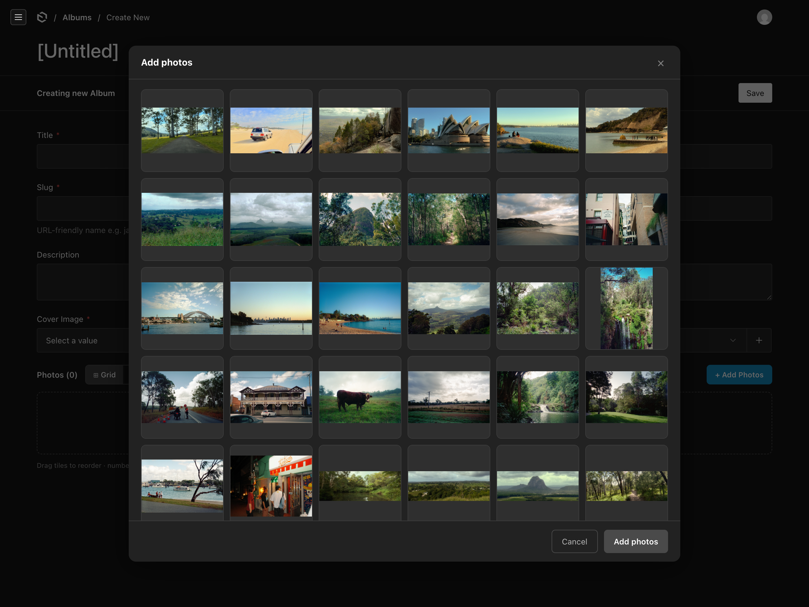 The photo picker modal open over the Albums editor, showing a grid of selectable photo thumbnails.