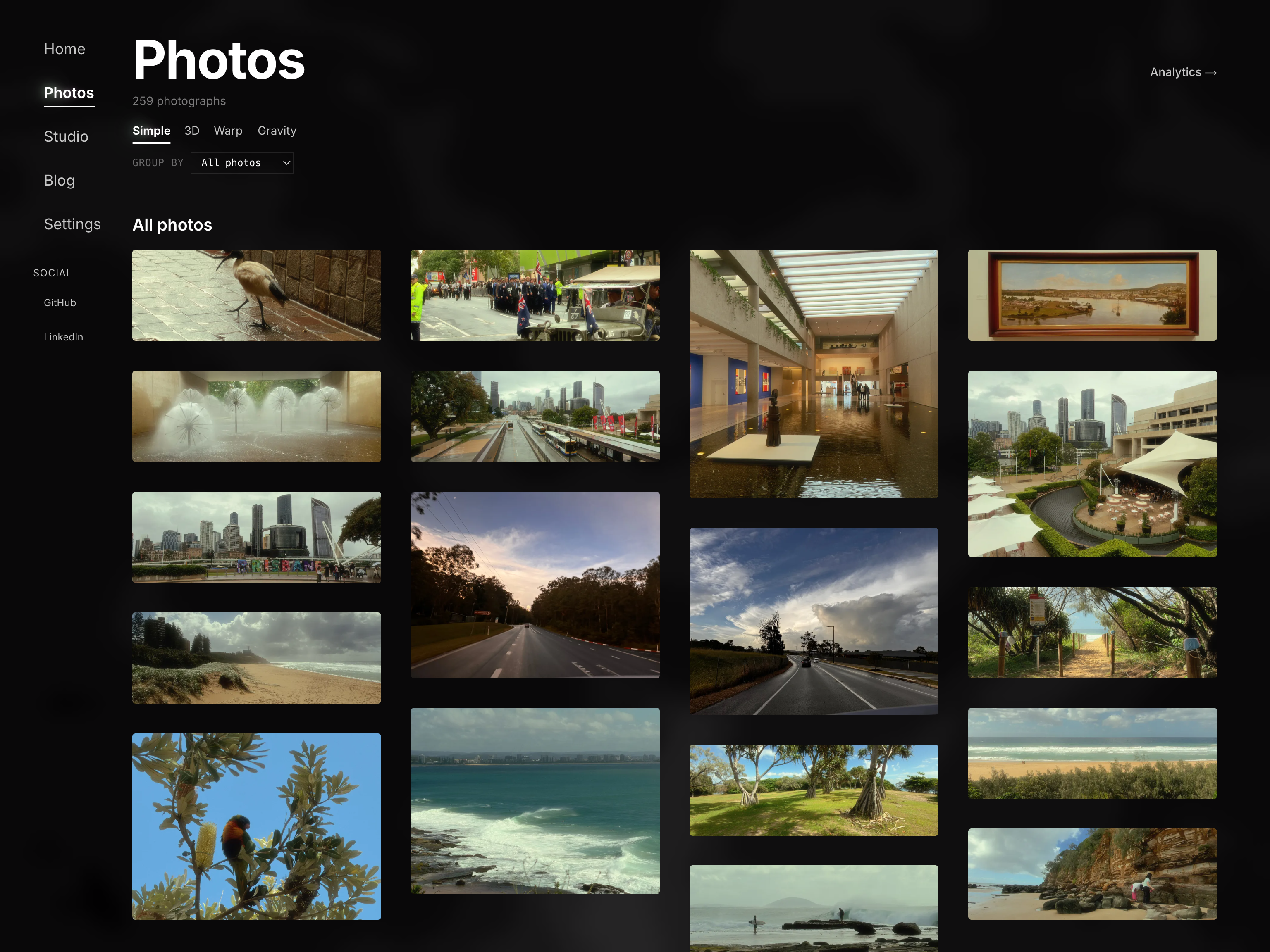 The Simple view masonry grid, with photos in four uneven columns packed tight and no gaps between them.