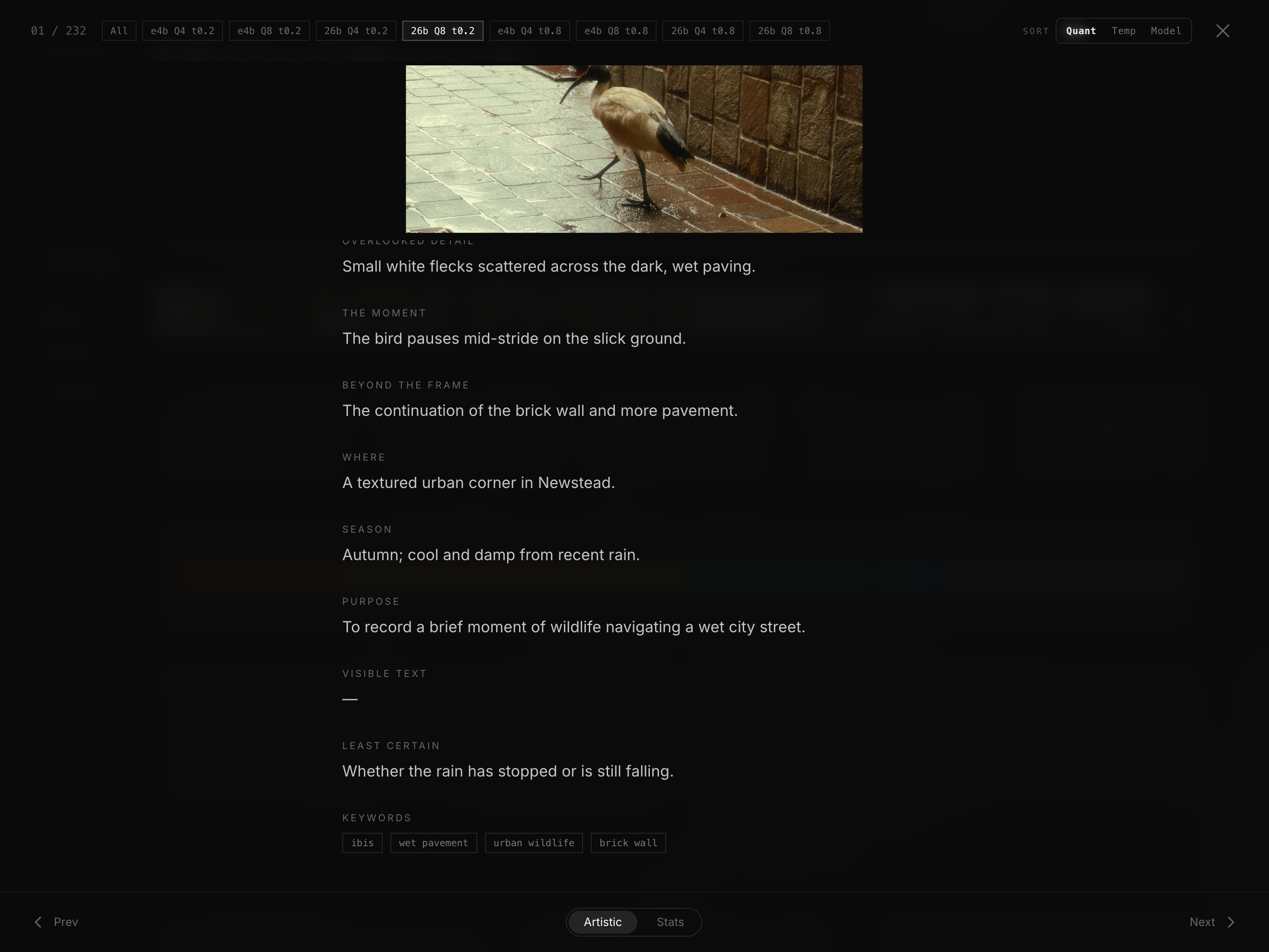 A model's artistic field notes beside its photo, including the visible text and least certain fields.