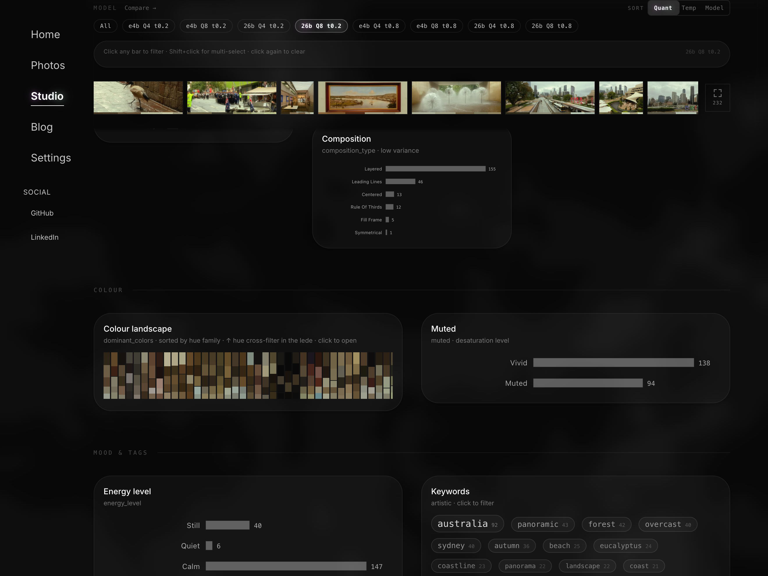 The colour landscape, with every photo drawn as a proportional dominant colour column, sorted by hue.
