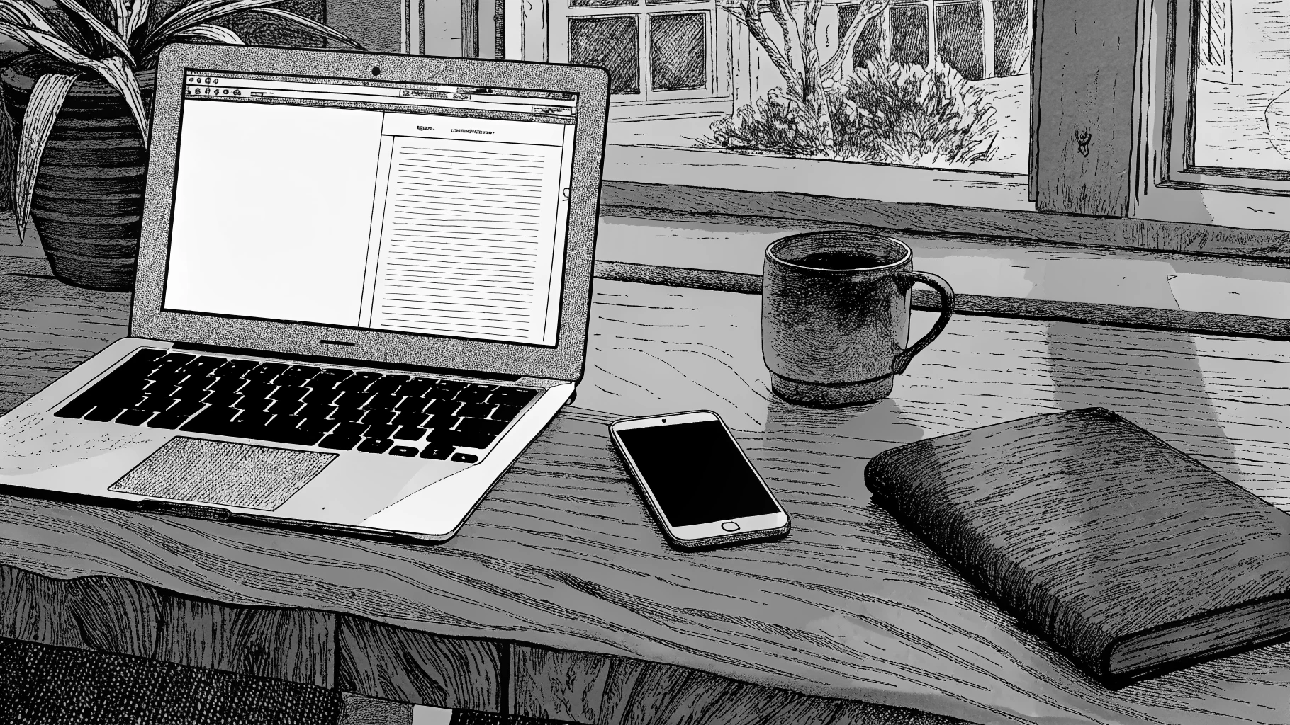 A work-from-home desk with a laptop showing a property listing, suggesting careful research before buying.