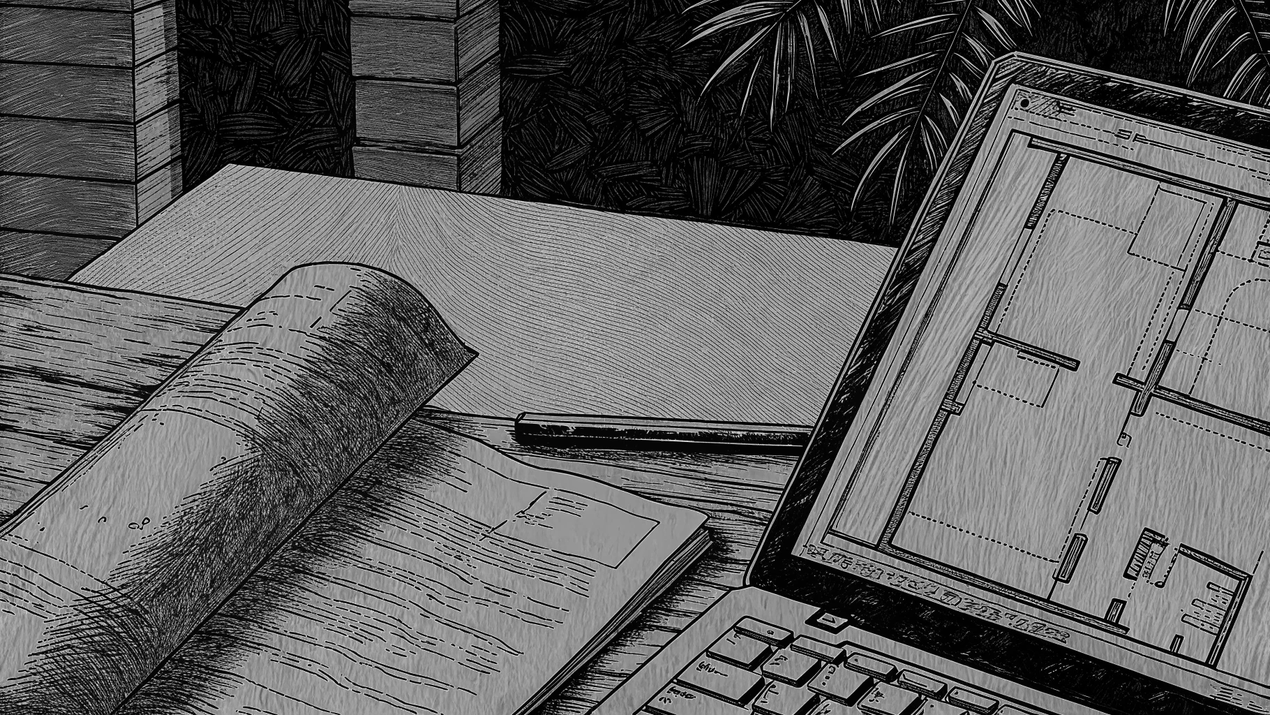Floor plans, an inspection report and a laptop on a modern desk, suggesting thorough property due diligence.