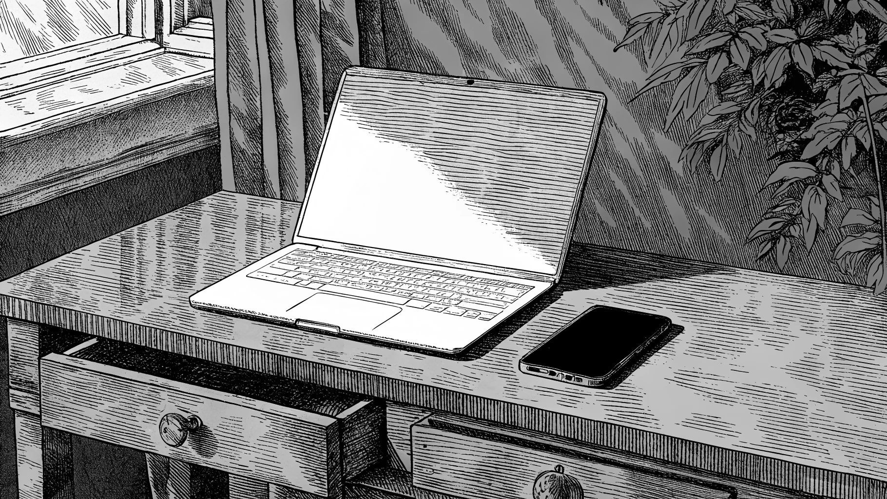 A modern desk with a laptop, smartphone and property contract, suggesting calm, prepared negotiation.