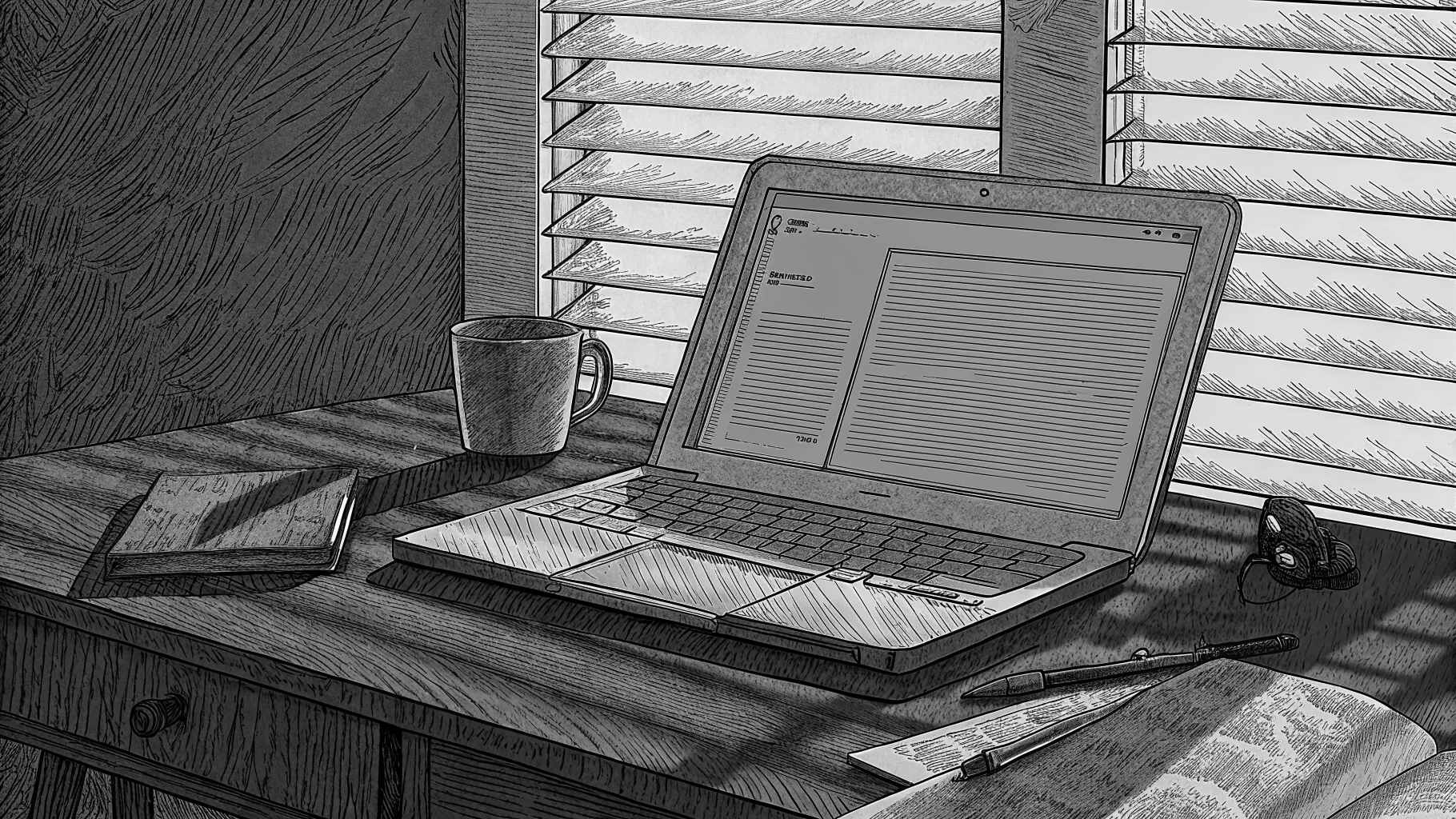 A laptop, a printed property shortlist and house keys on a modern desk, suggesting a buyer's agent working through a brief.