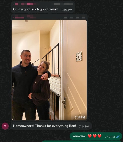 WhatsApp message from Stu and Sarah after settlement