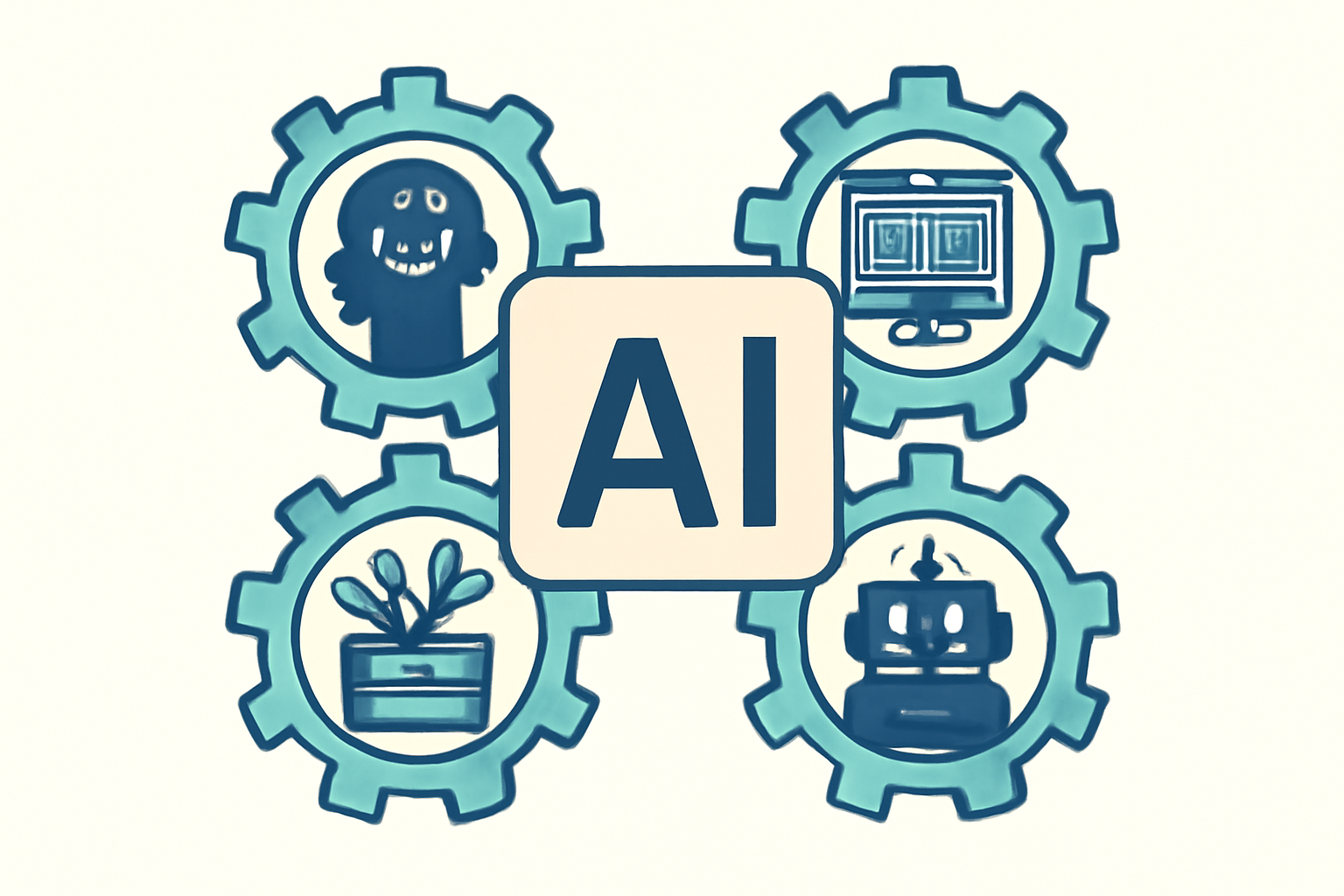 AIモデルと、それを取り巻くツールや環境（エージェントハーネス）が歯車のように噛み合って一体で最適化されている様子を描いた概念図イラスト。