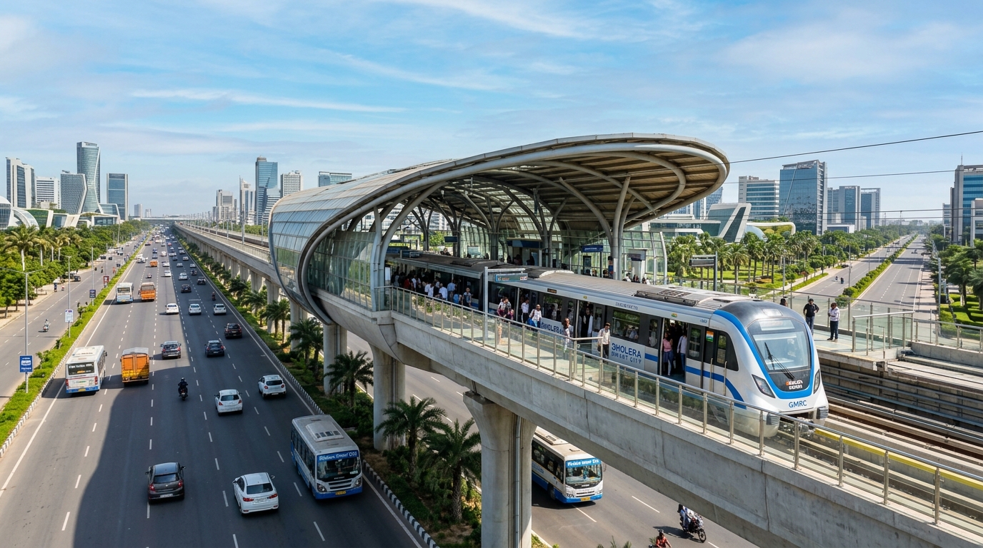 Elevated rapid transit metro station along the expressway median in Dholera SIR