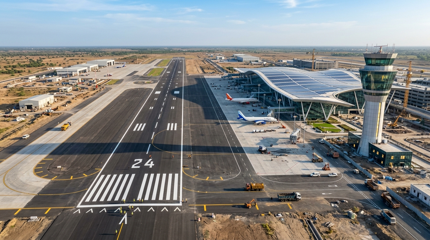 Dholera Aerotropolis 3200-meter Code 4E runway and flight calibration aircraft at Navagam in 2026
