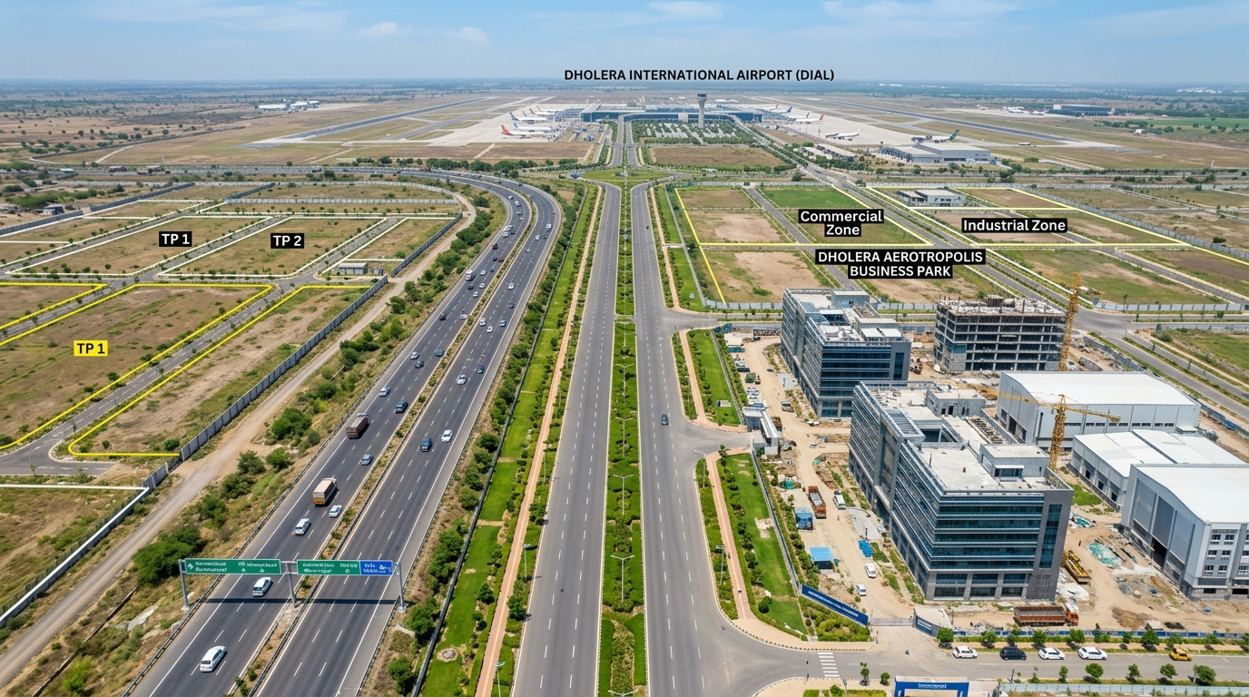 Dholera Smart City Navagam corridor commercial plots adjacent to international airport perimeter