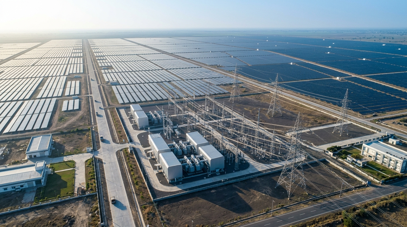 Dholera Solar Park 2026 4,400 MW ultra-mega solar array and 765 kV GIS substation