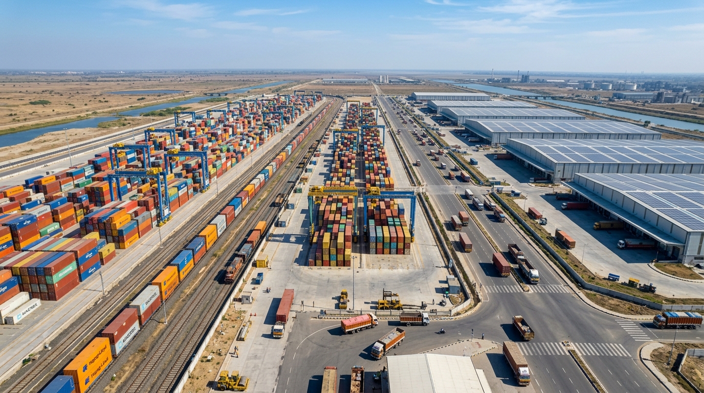 Dholera Logistics Hub 2026 multi-modal container terminal and freight rail yard
