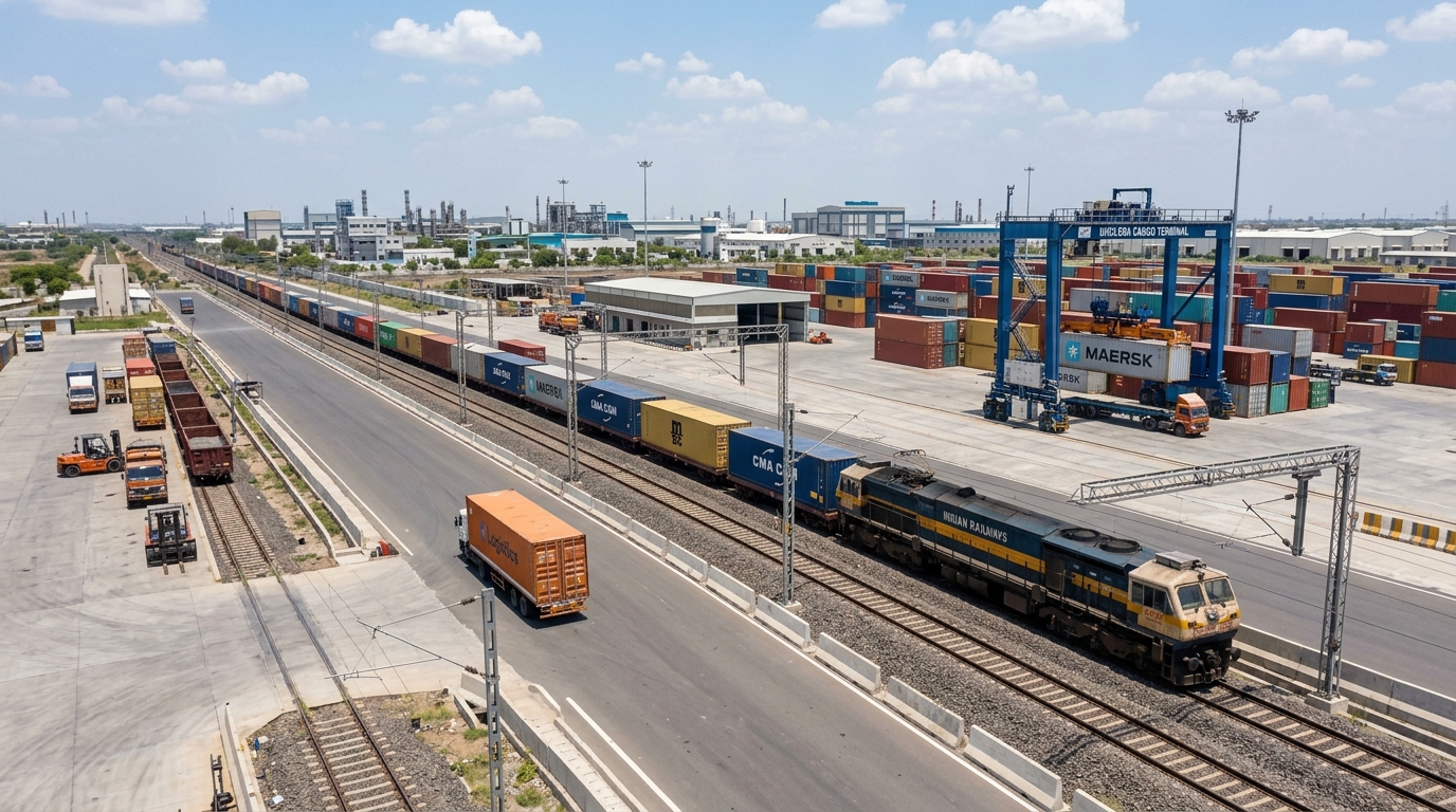 Dholera Logistics Hub 2026 electrified freight rail tracks and container transfer yard