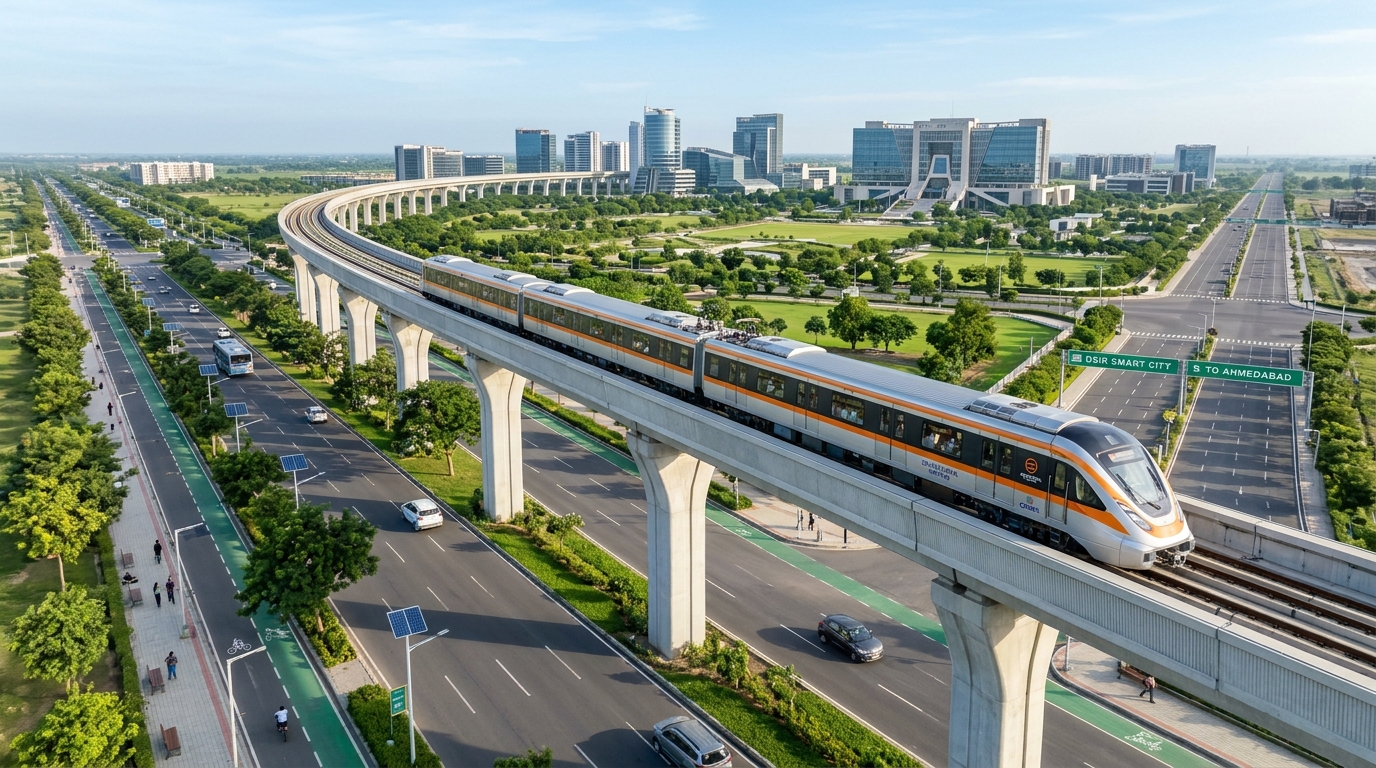 Dholera Metro Rail 2026 elevated viaduct and high-speed regional rapid transit train