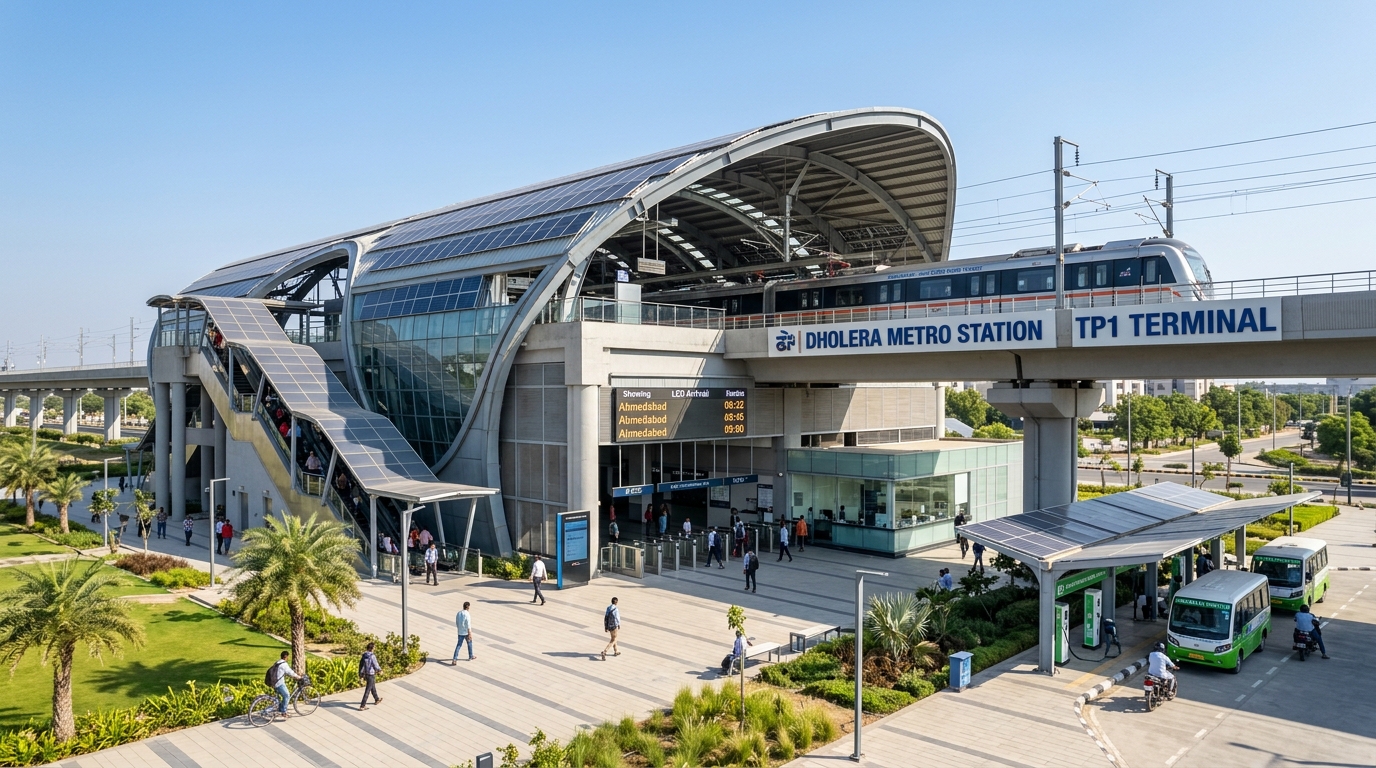 Dholera Metro Rail 2026 modern passenger terminal and transit concourse in TP1