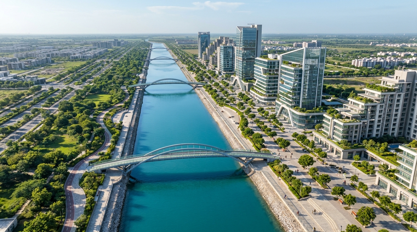 Dholera Smart Riverfront 2026 central canal, pedestrian bridges and waterfront towers
