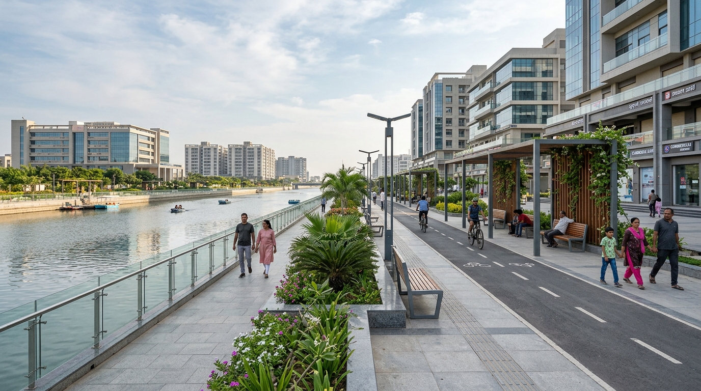 Dholera Smart Riverfront 2026 waterfront promenade and walking track in TP1